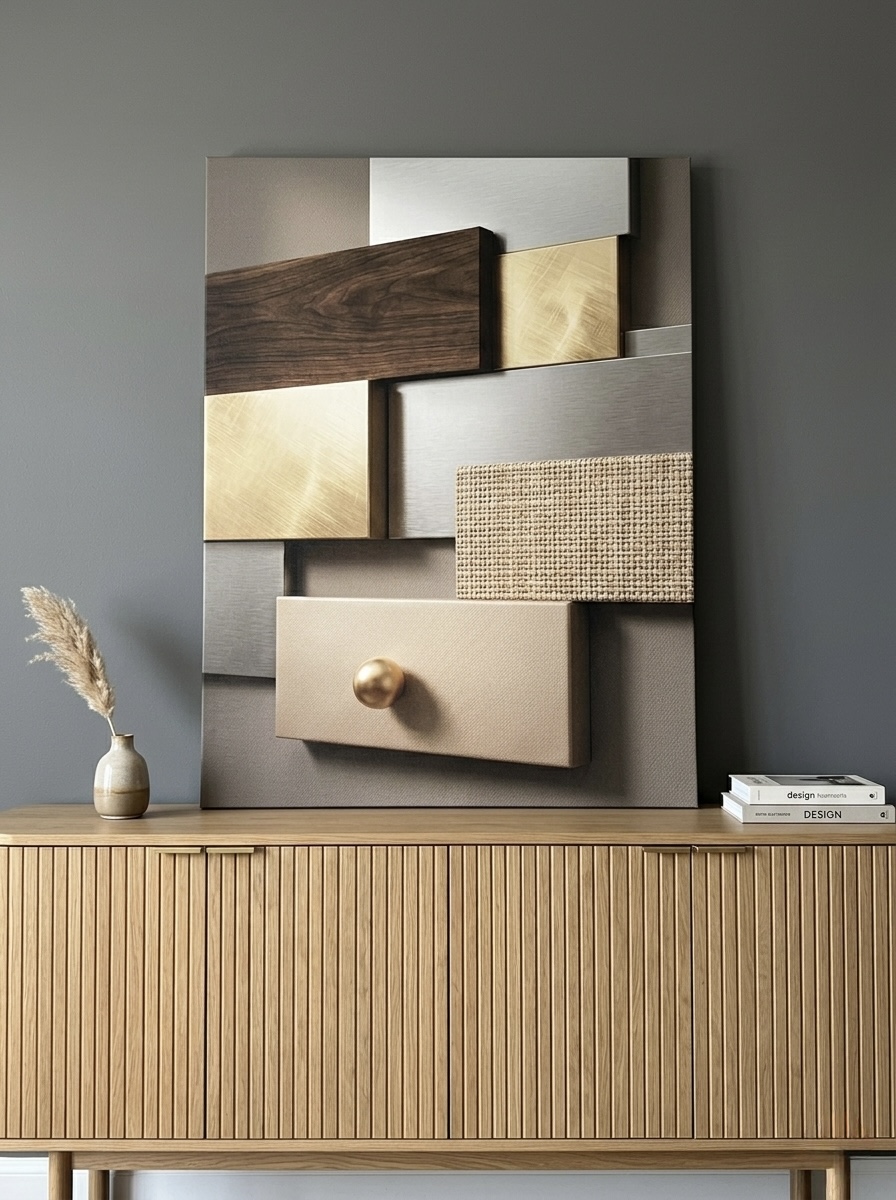 Geometric Texture Panels Canvas in walnut, gold and charcoal hanging in a sophisticated hallway