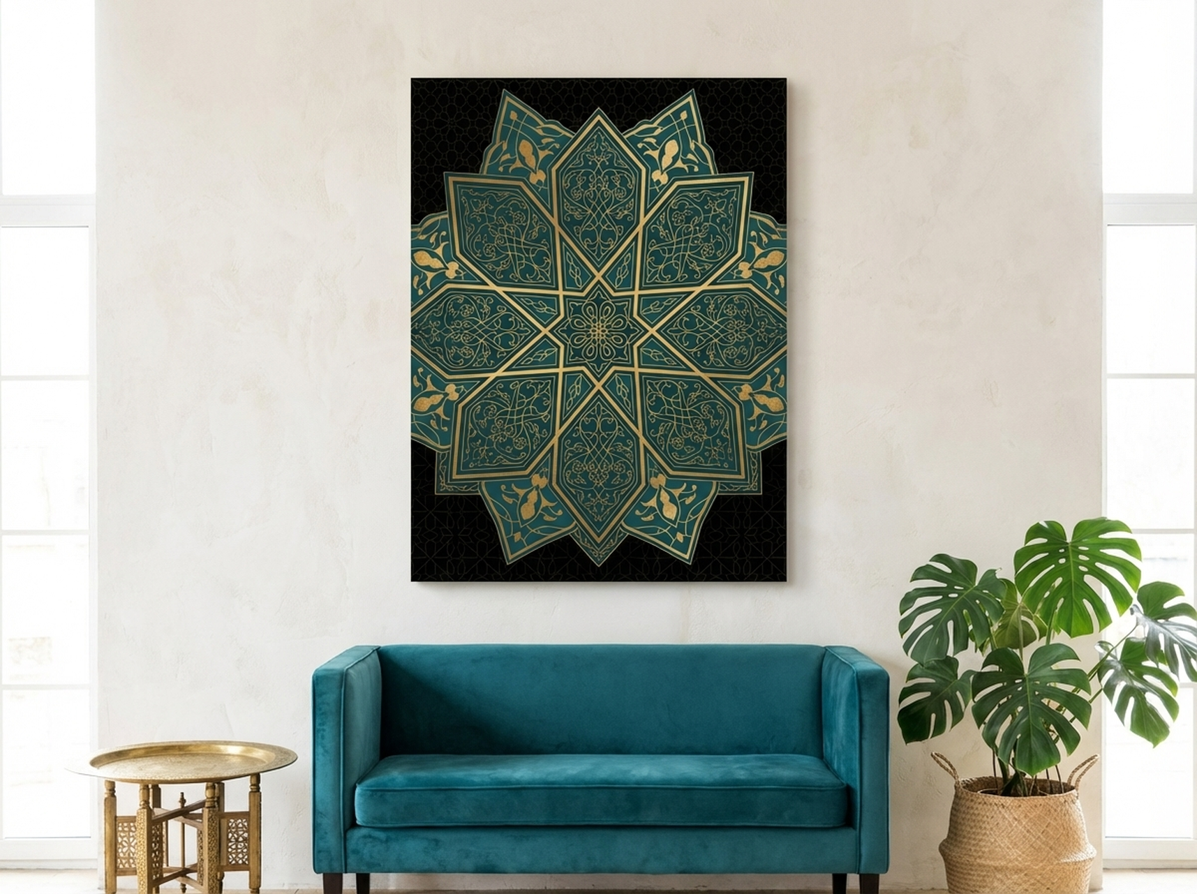 Islamic Geometric Star teal gold canvas wall art on white wall, Moroccan arabesque zellige pattern decor