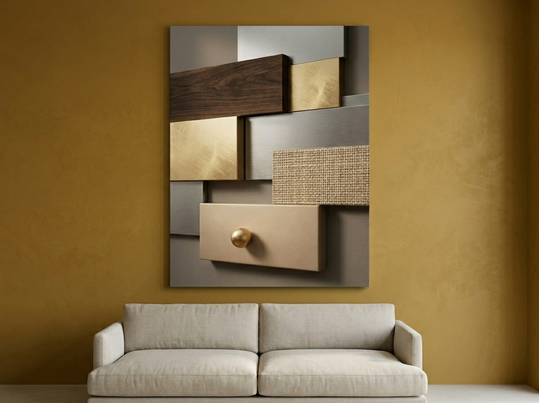 Warm geometric wall art panels in walnut and gold tones displayed on a beige wall