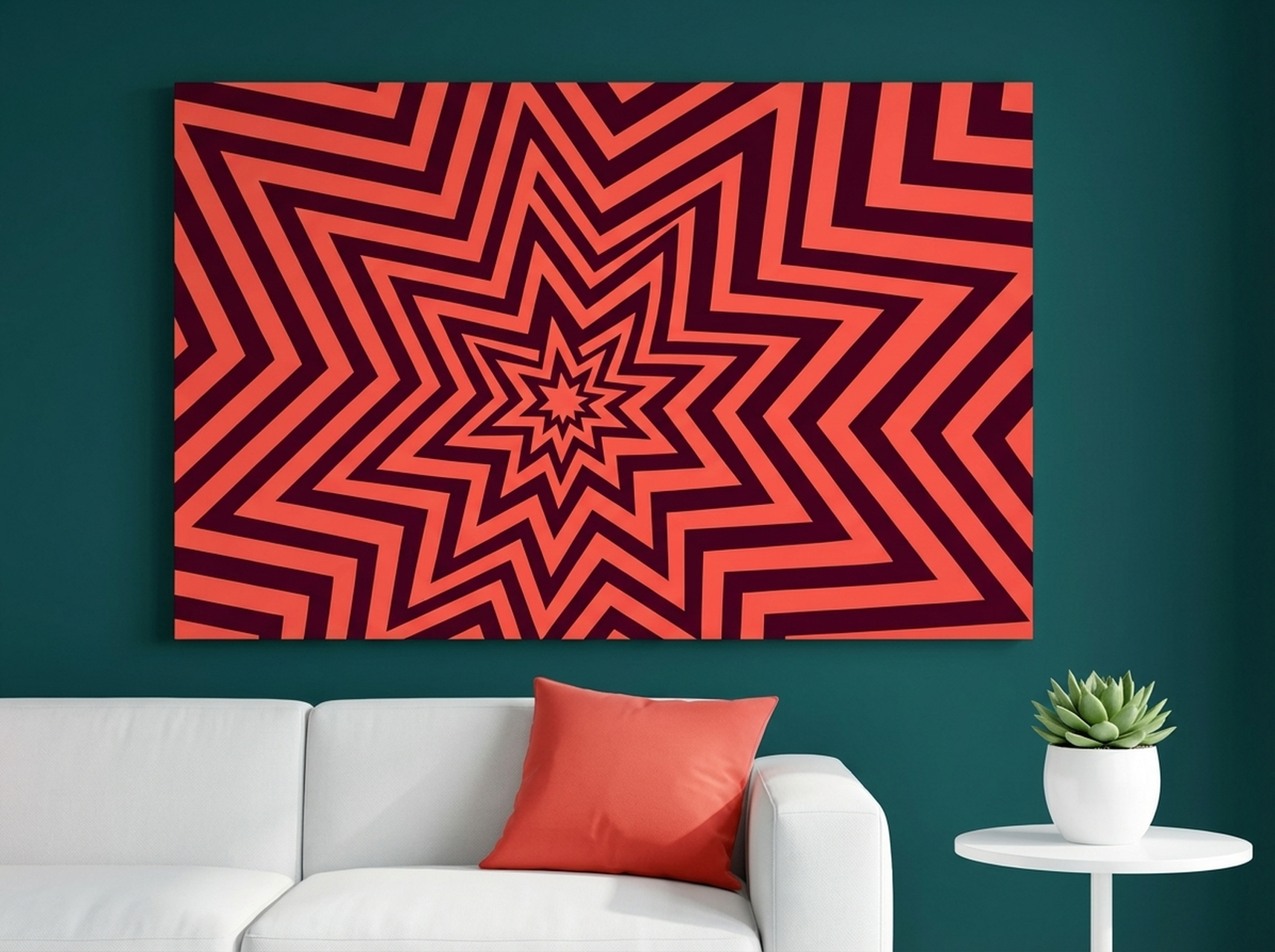 Coral red geometric starburst op art canvas print on a modern wall