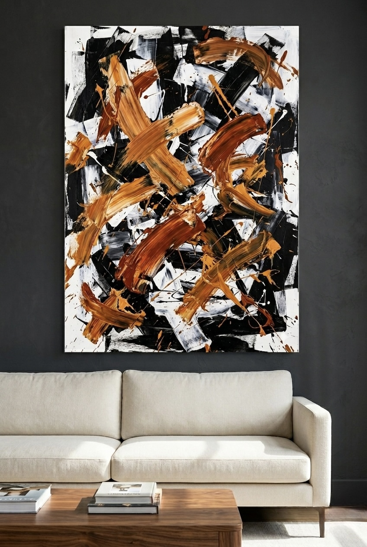 Gestural Abstract Bold Brushstroke canvas wall art above a brick fireplace