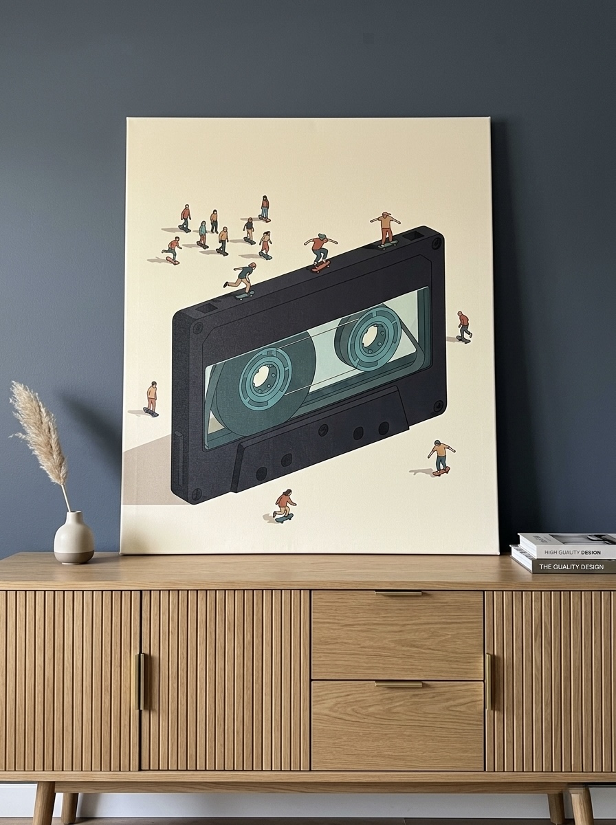 Giant cassette tape surreal Y2K canvas print in charcoal cream teal terracotta and black styled in a music-themed loft