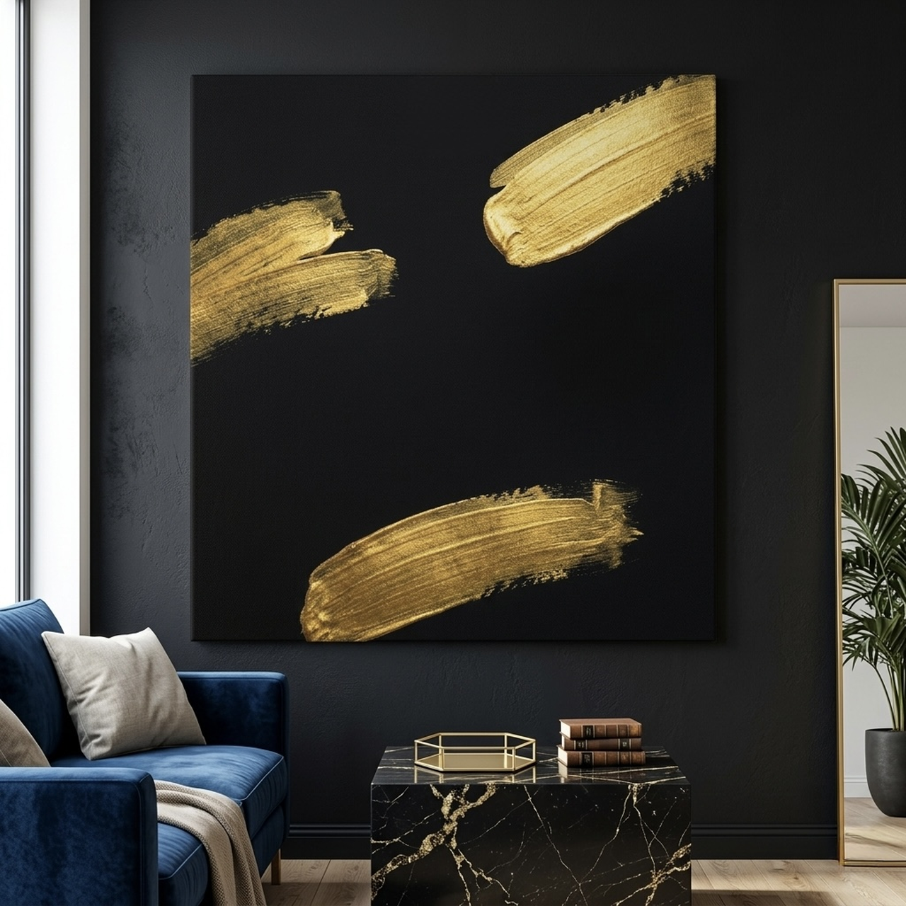 Gold brush strokes minimalist canvas art leaning against a wall, showing bedroom or hallway sizing