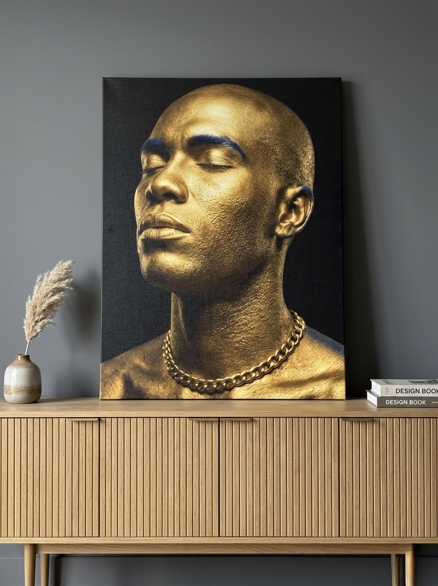Gold king portrait canvas with metallic gold face on black background, editorial luxury style