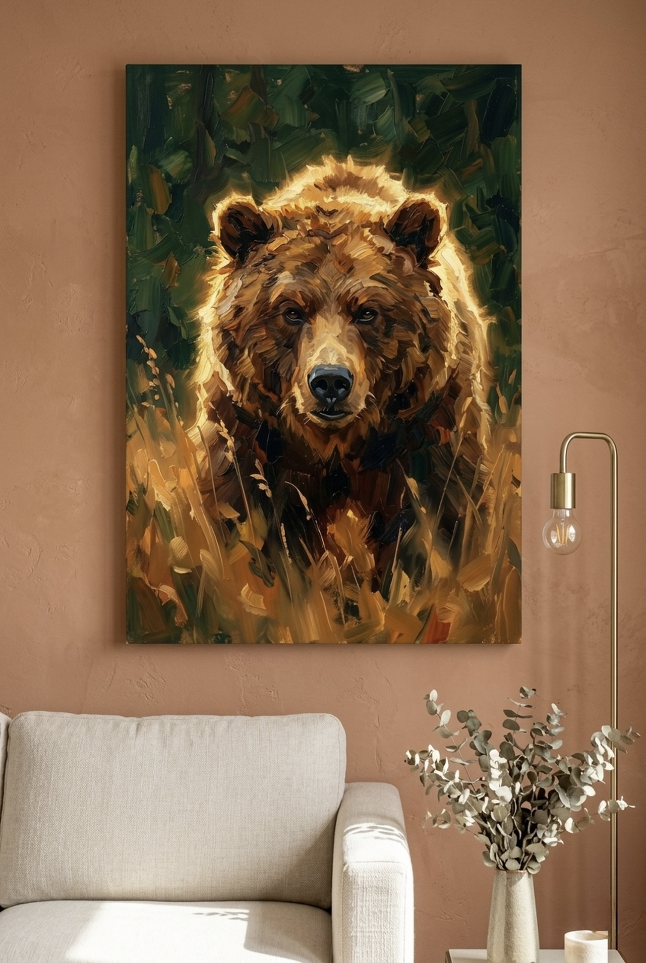 Rolling hills sunrise watercolor canvas wall art with amber tones and misty valley depth in a living room