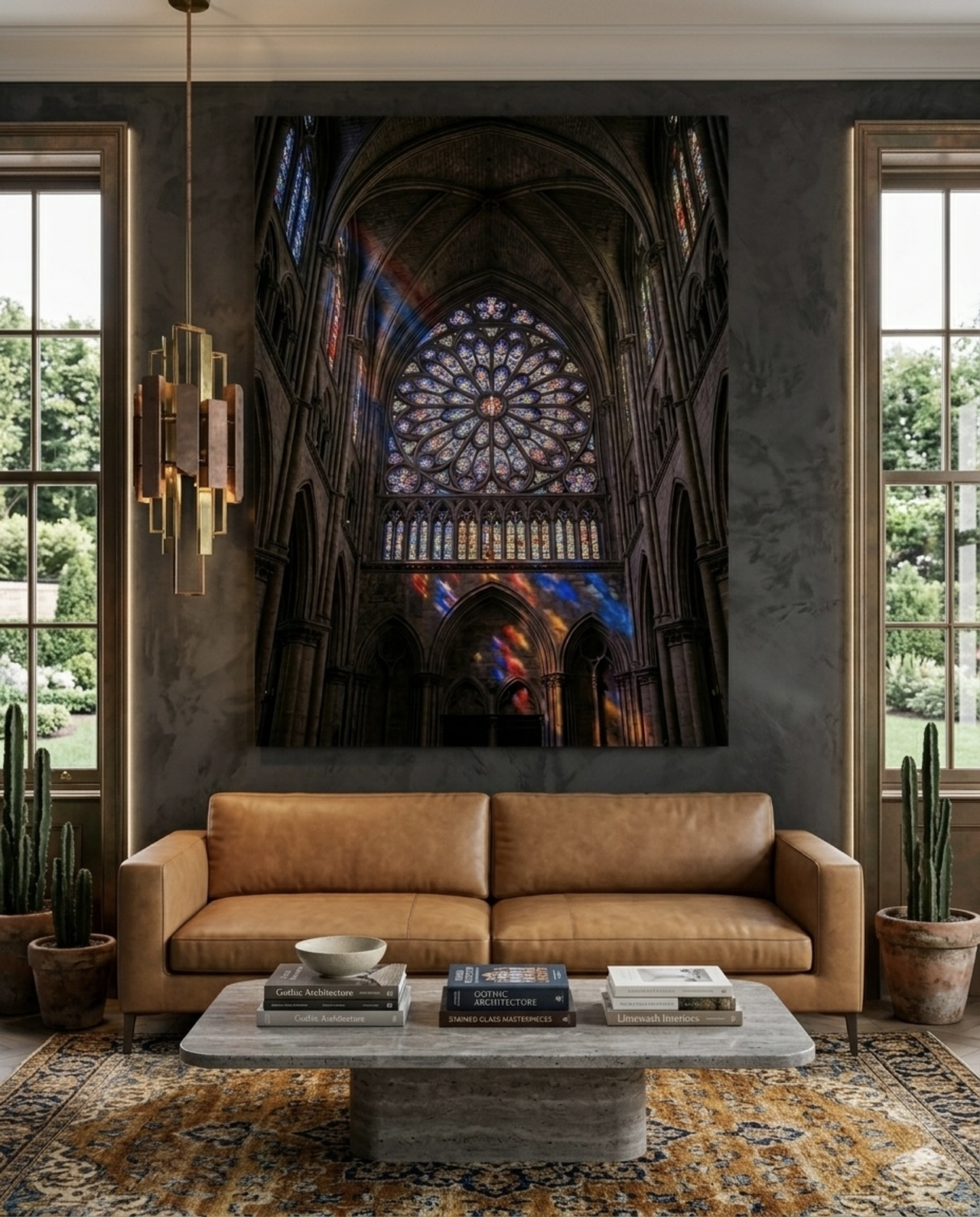 Fluid Abstract Landscape canvas wall art in amber and gold tones displayed in a stylish living room