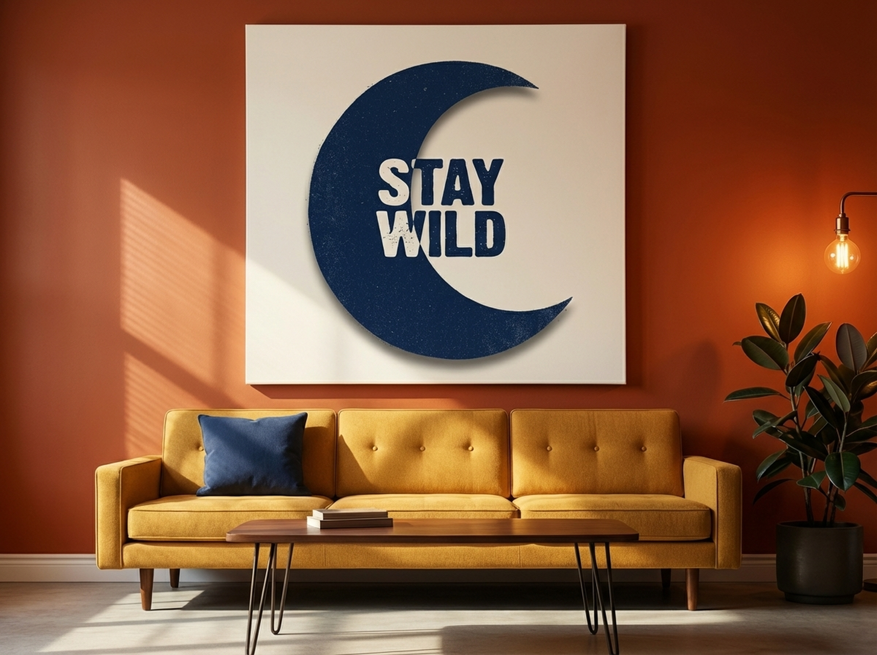 Stay Wild Moon Canvas Print navy blue wall art grunge typography on gray wall