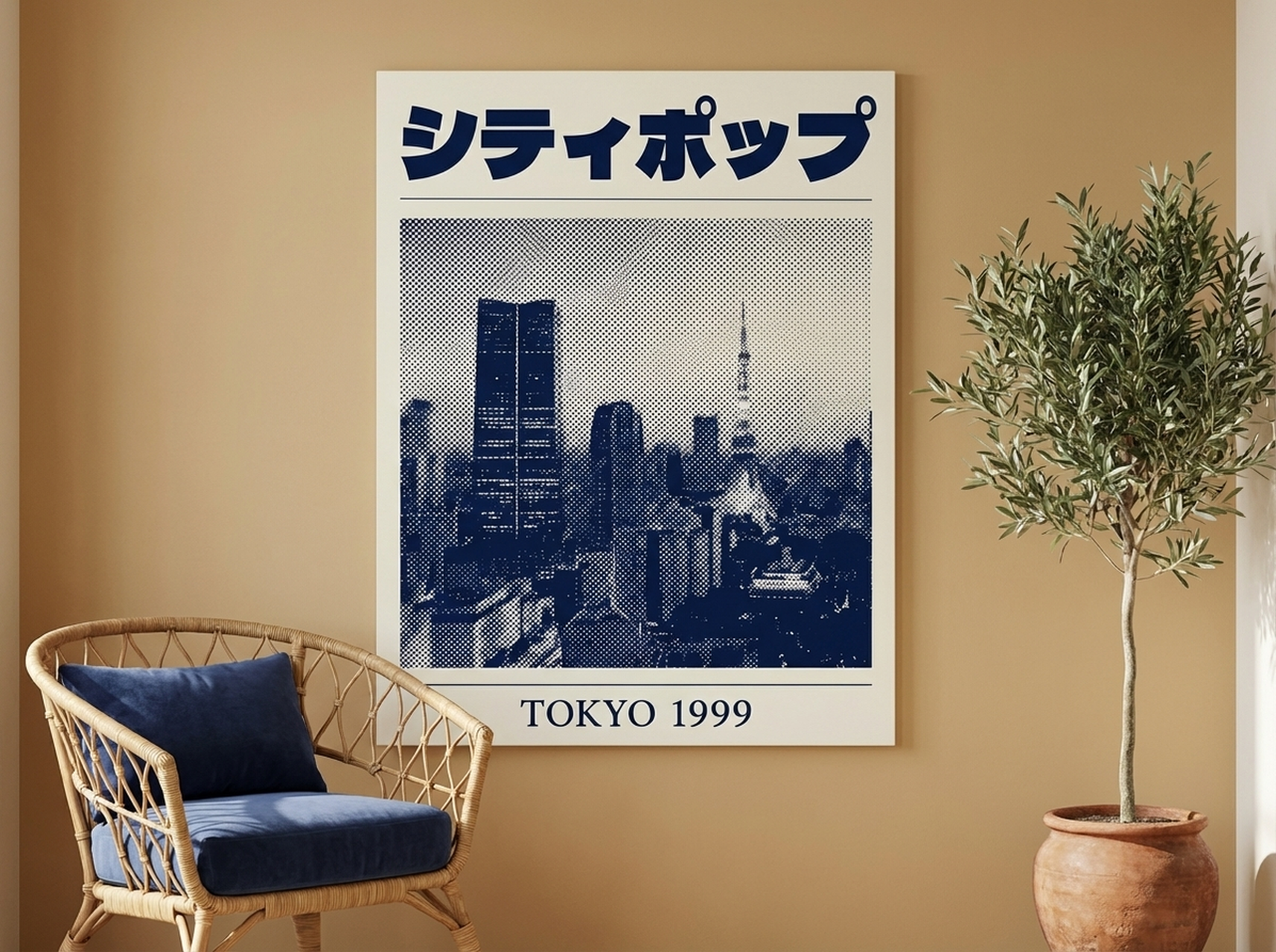Contemporary halftone cityscape canvas wall art in navy and cream tones styled in a modern home