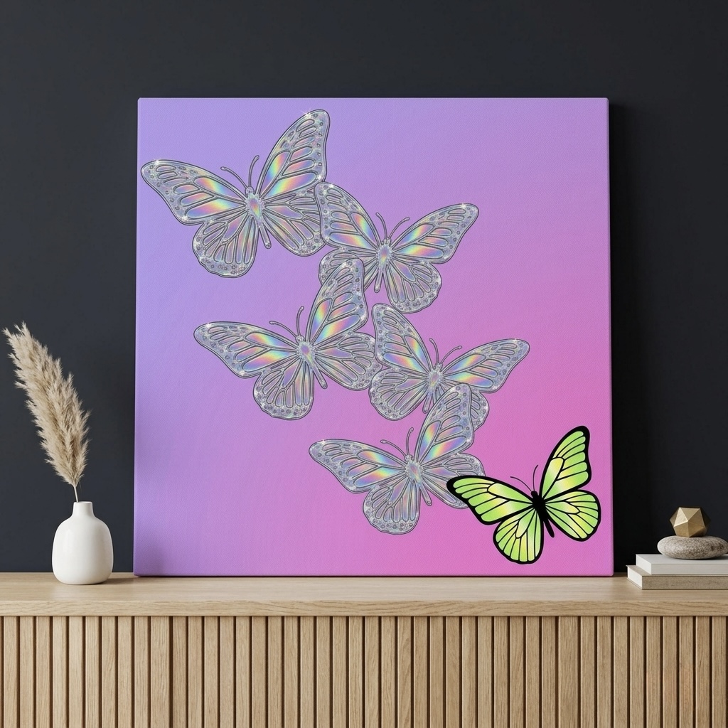 Holographic Butterfly iridescent canvas in purple, pink and silver displayed above a bed in a dreamy Y2K-styled bedroom