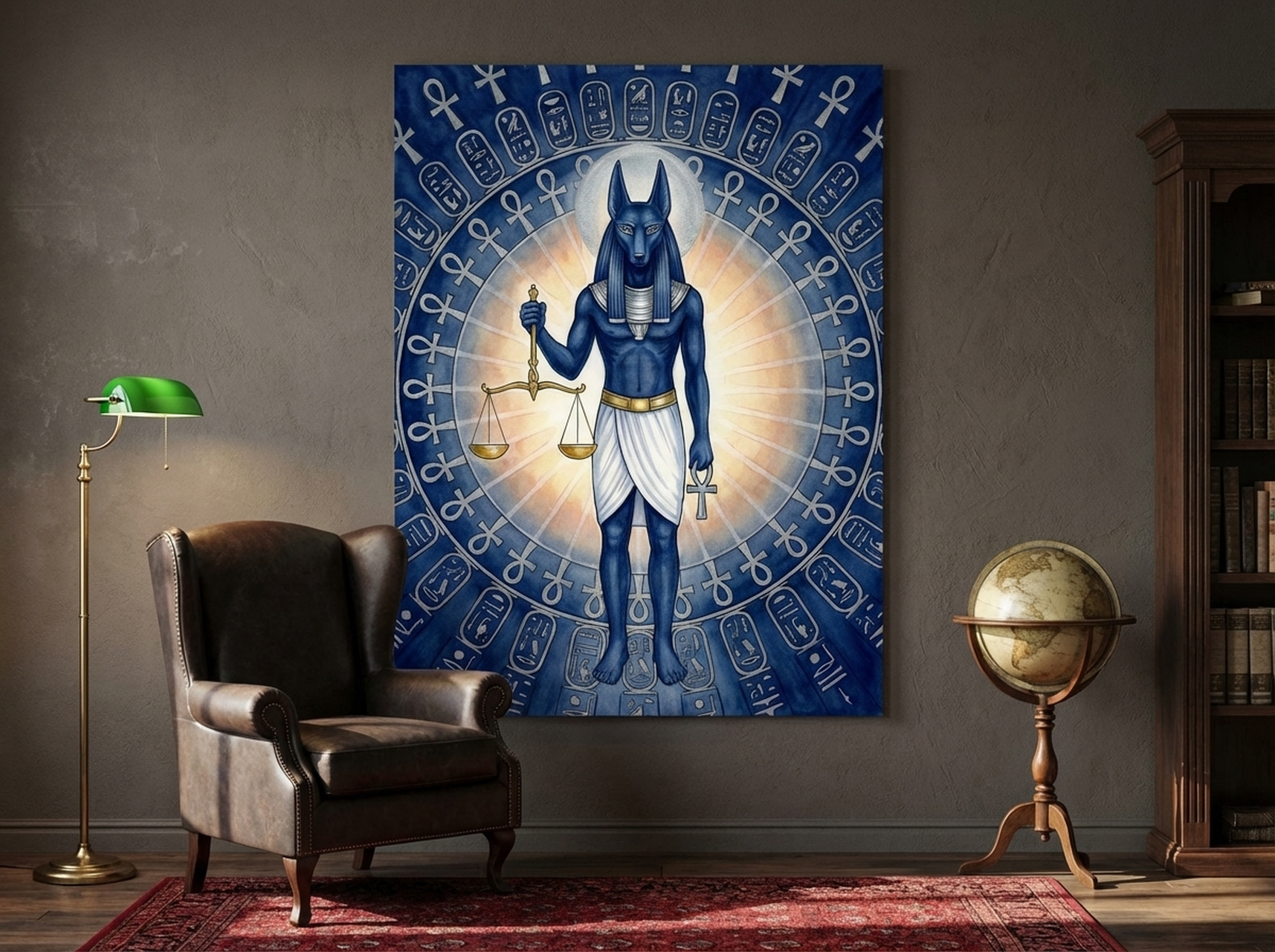 Contemporary wall art with Anubis mandala illustration in midnight and silver tones styled in a modern room
