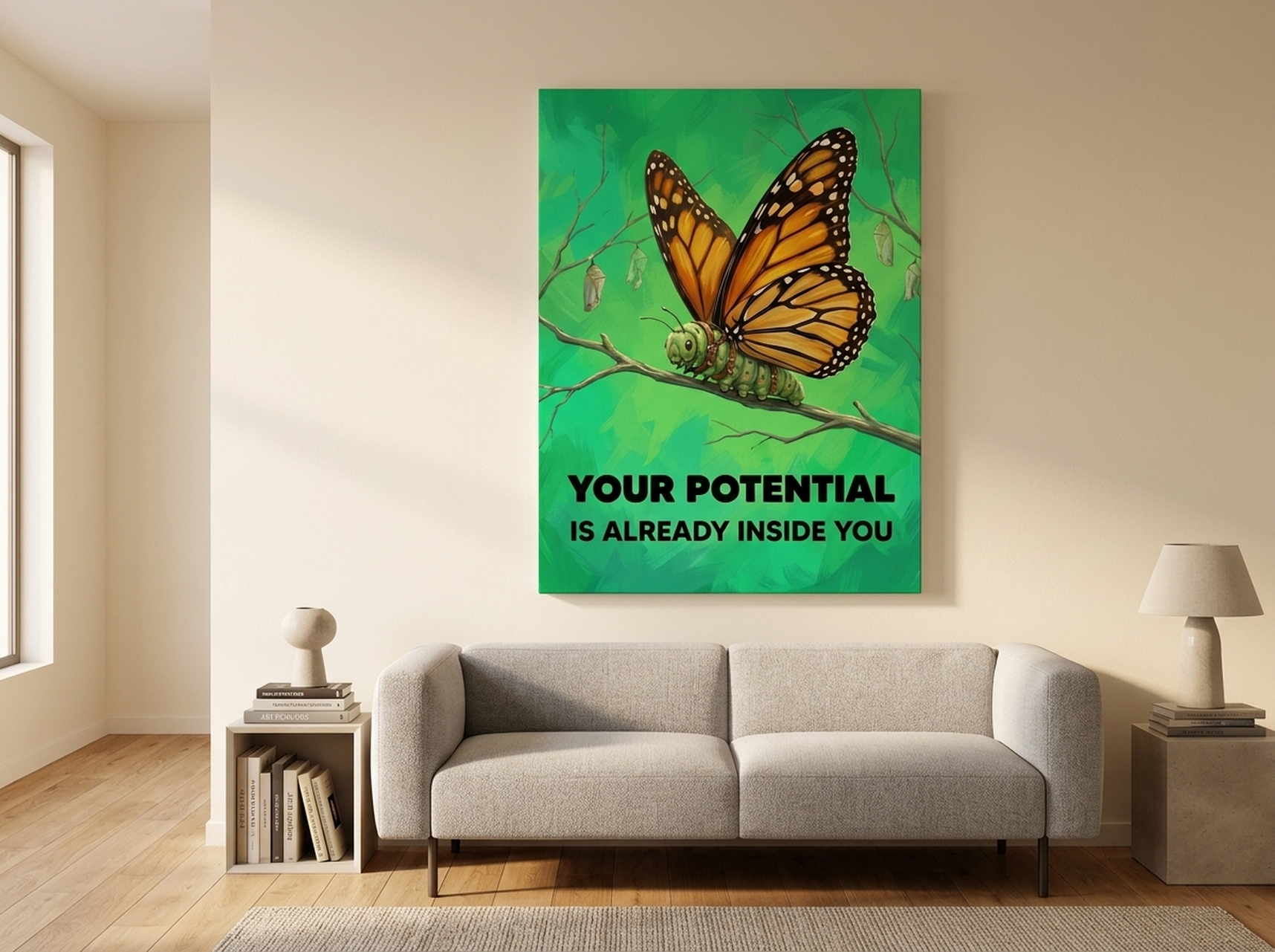 Emerald and gold butterfly illustration canvas print as an accent in a modern room