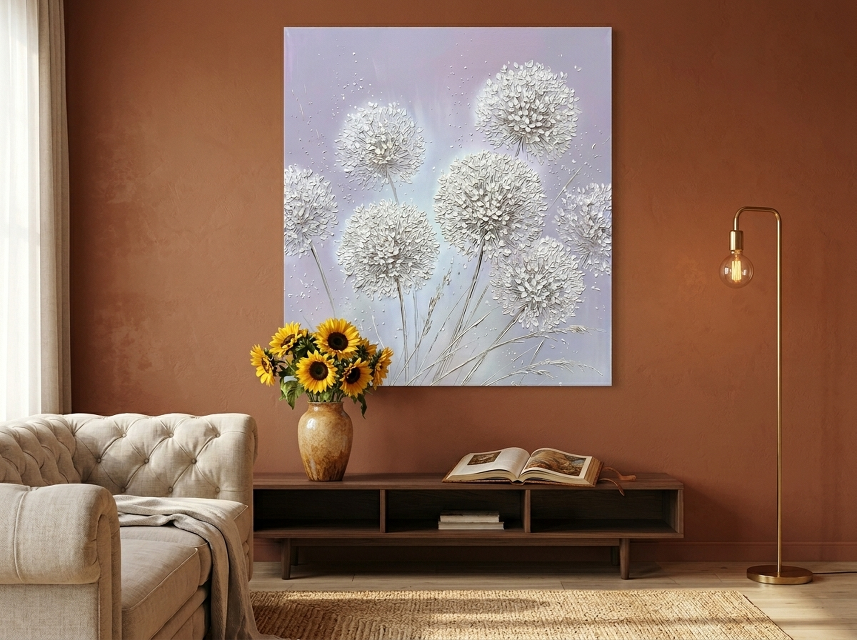 Allium floral impasto canvas wall art in lavender and silver tones hanging in a cozy bedroom