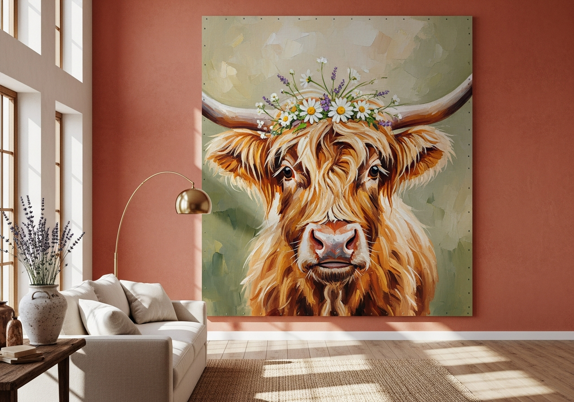 Impasto highland cow painting in honey and amber tones on a beige wall