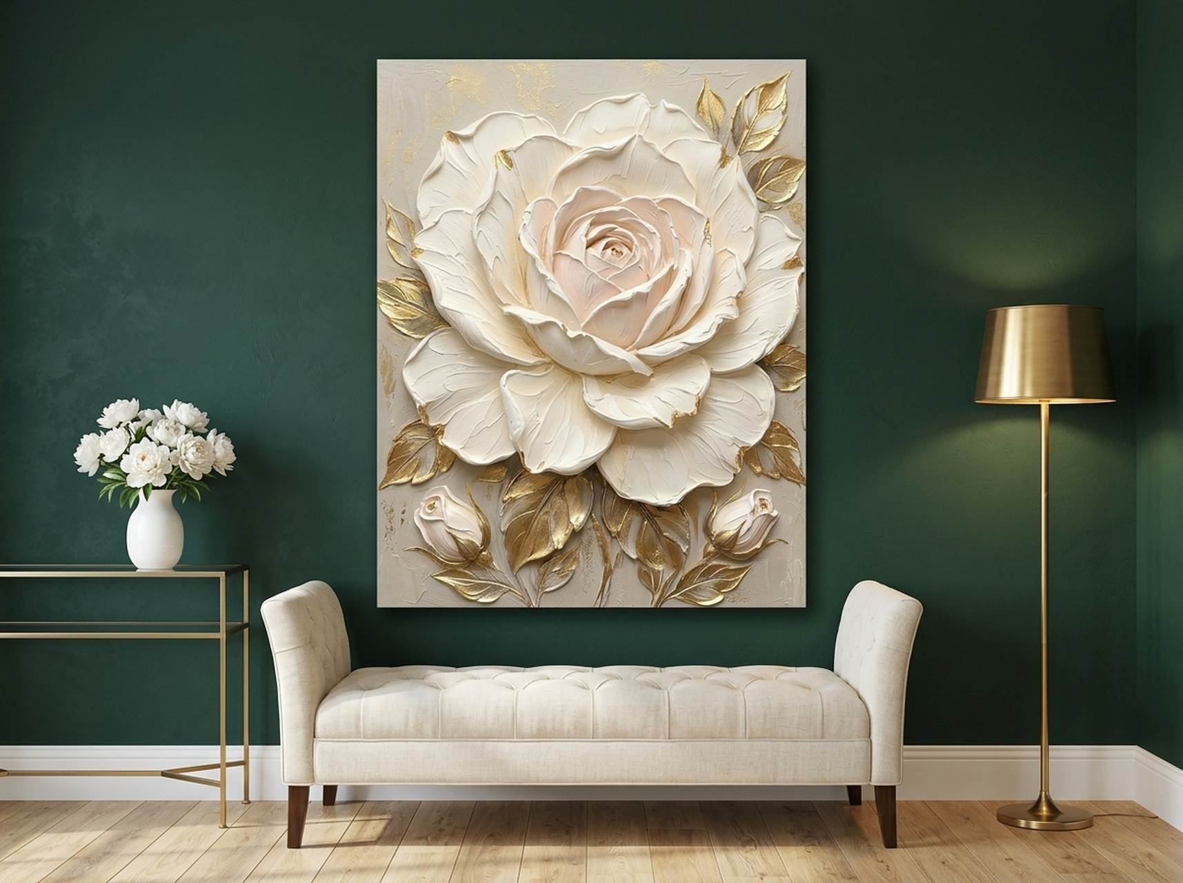 Oversized rose impasto canvas wall art in cream and gold tones hanging in an elegant bedroom