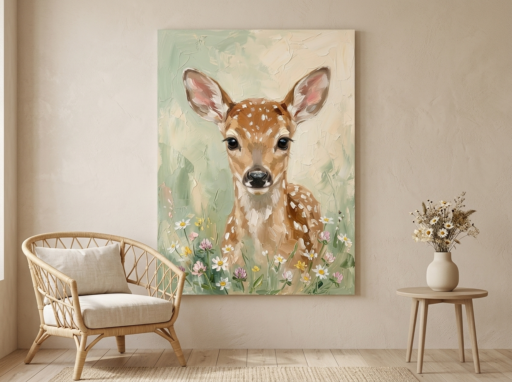 Fawn deer impressionist portrait canvas art in sage tones in a nursery