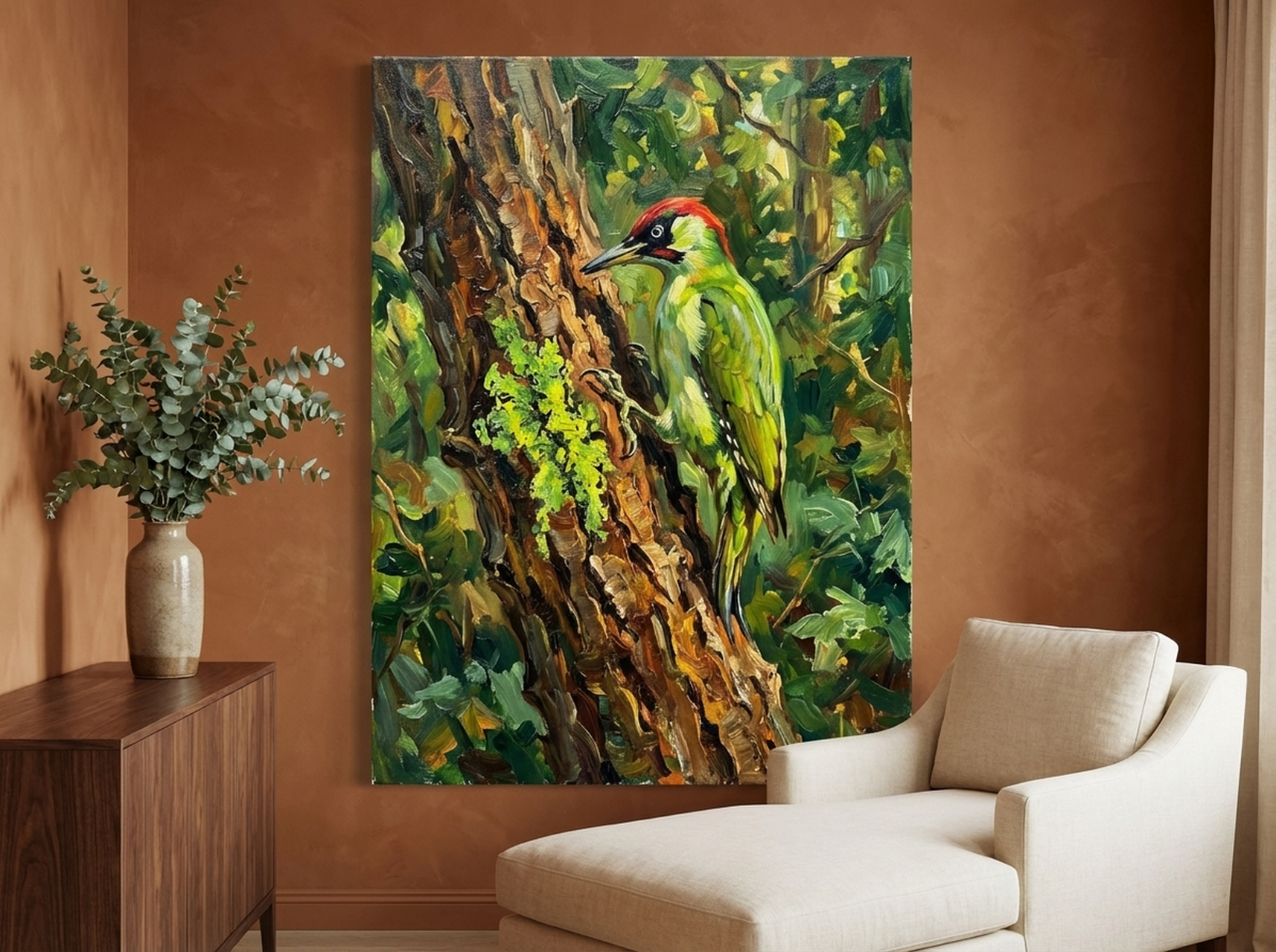 Green Woodpecker Canvas Wall Art hanging on a wall in a beautiful room