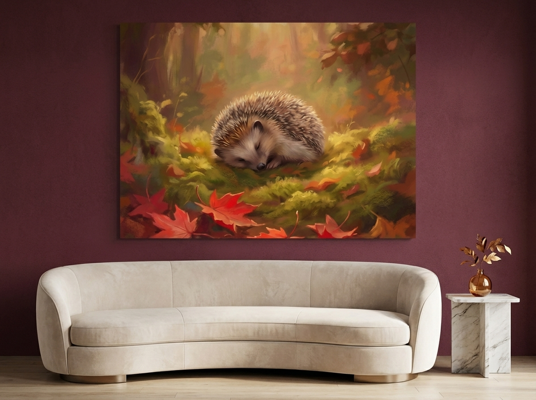 Hedgehog sleeping in autumn forest impressionist canvas wall art in copper tones in a cozy student room