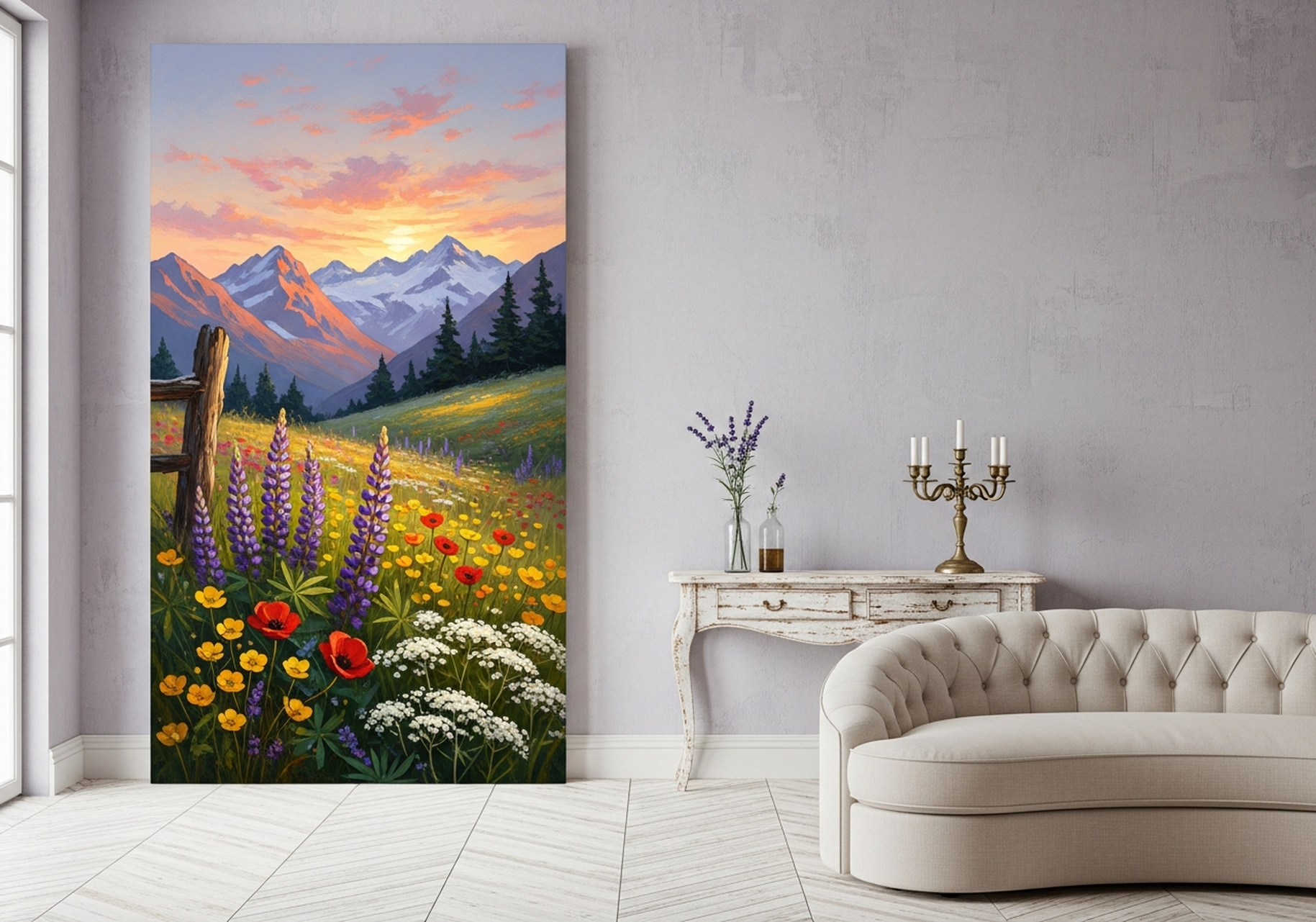 Wildflower meadow canvas wall art with mountain landscape at sunset displayed above a living room sofa