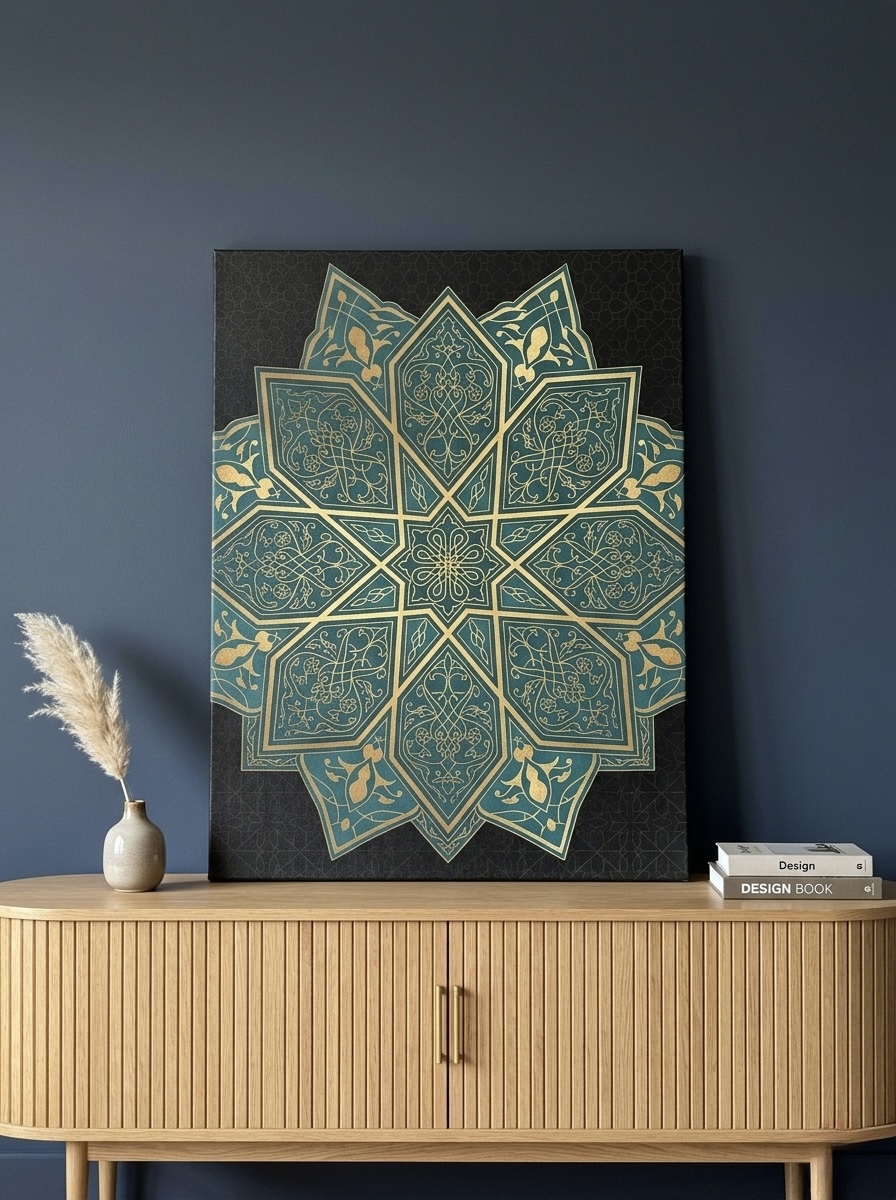 Teal and gold Islamic geometric star canvas with arabesque zellige patterns, hanging over a brass-accented sideboard in a richly styled dining room