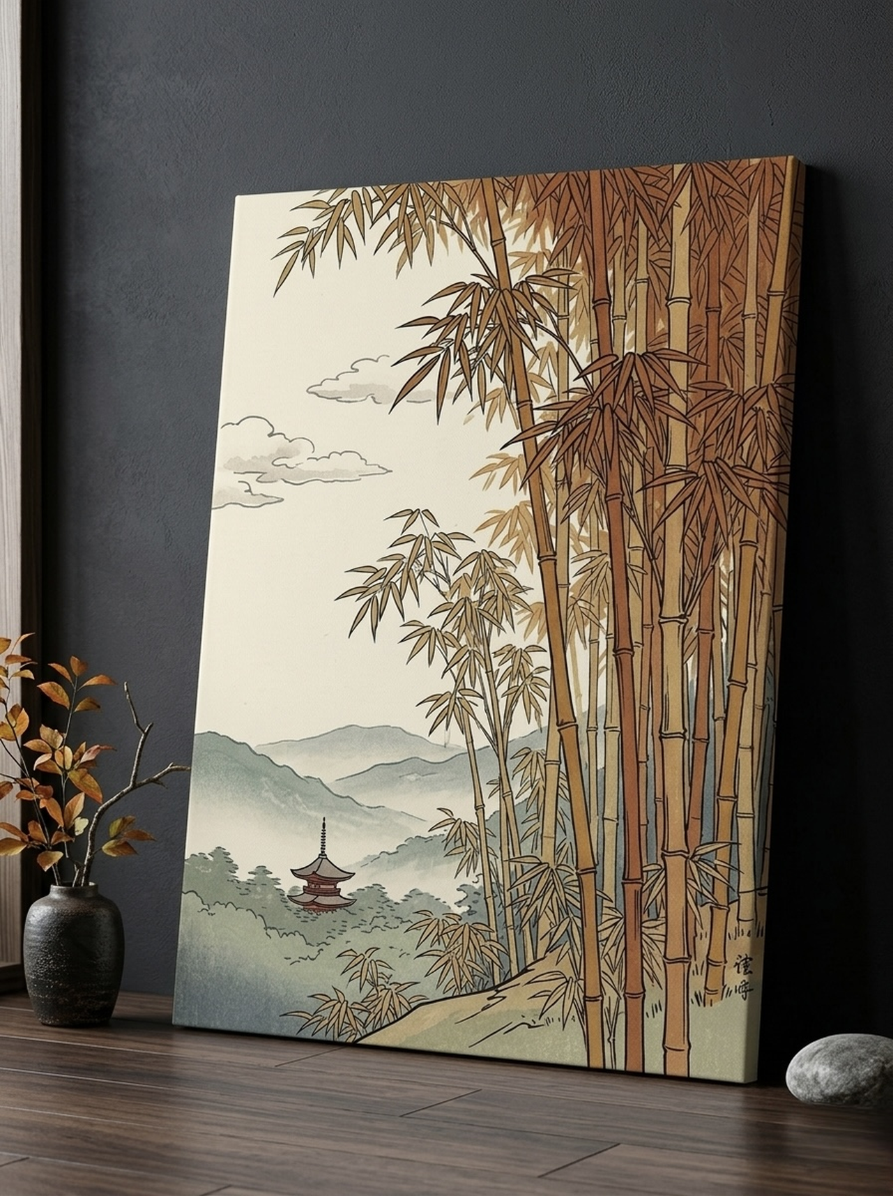 Japanese woodblock style bamboo canvas wall art in warm amber and sage green hanging above a wooden bench in an entryway