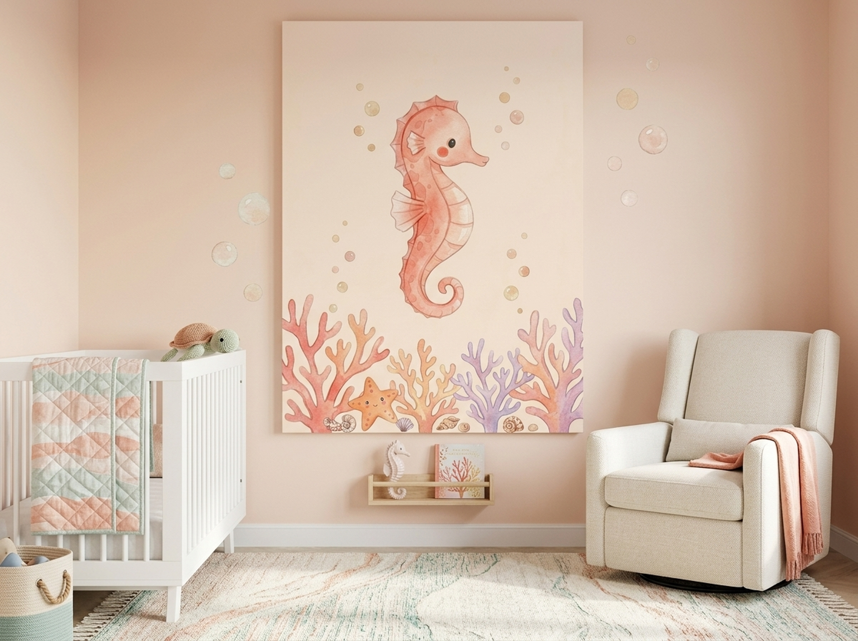 Kawaii seahorse coral canvas art in pink and coral tones perfect for a coastal nursery or room