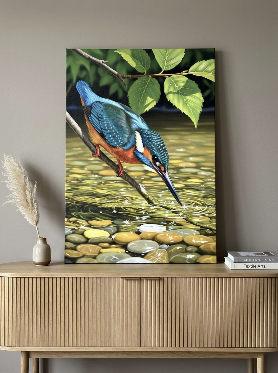 Painterly kingfisher on a riverside branch, framed print in teal and amber leaning against a soft sage wall