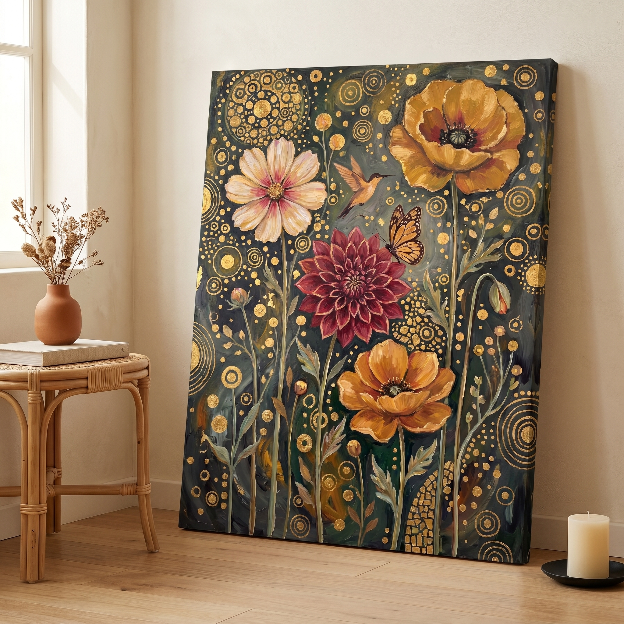 Klimt inspired floral canvas in gold, wine and cream, hanging in a soft neutral living room