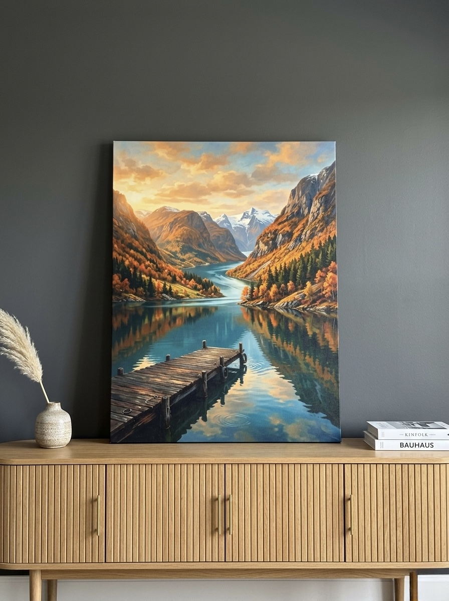 Norwegian Fjord landscape canvas wall art in a living room setting, large format canvas print
