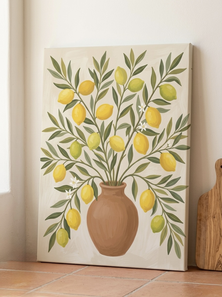 Lemon branches in terracotta vase canvas wall art in citrus yellow, sage, and cream Mediterranean style above a kitchen counter