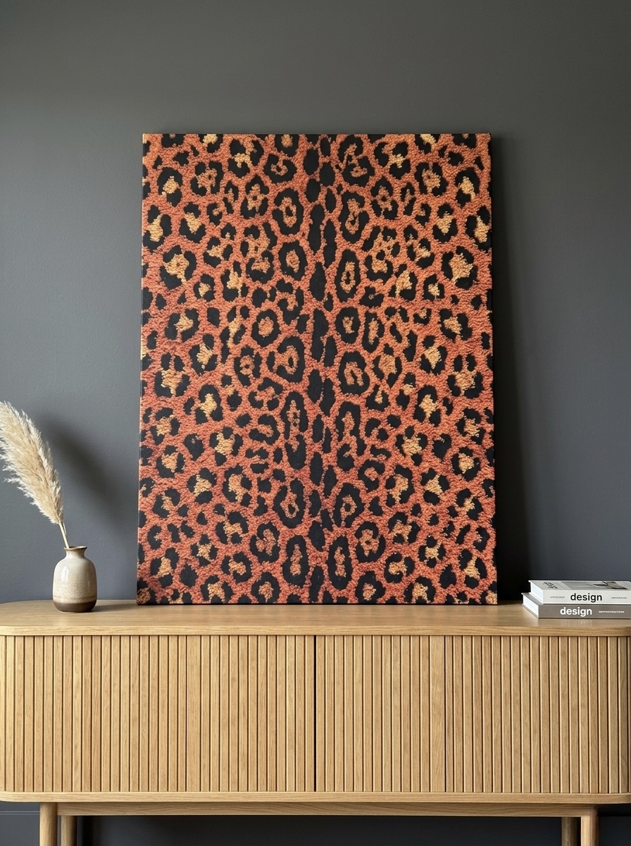 Leopard print terracotta canvas wall art in a boho living room setting