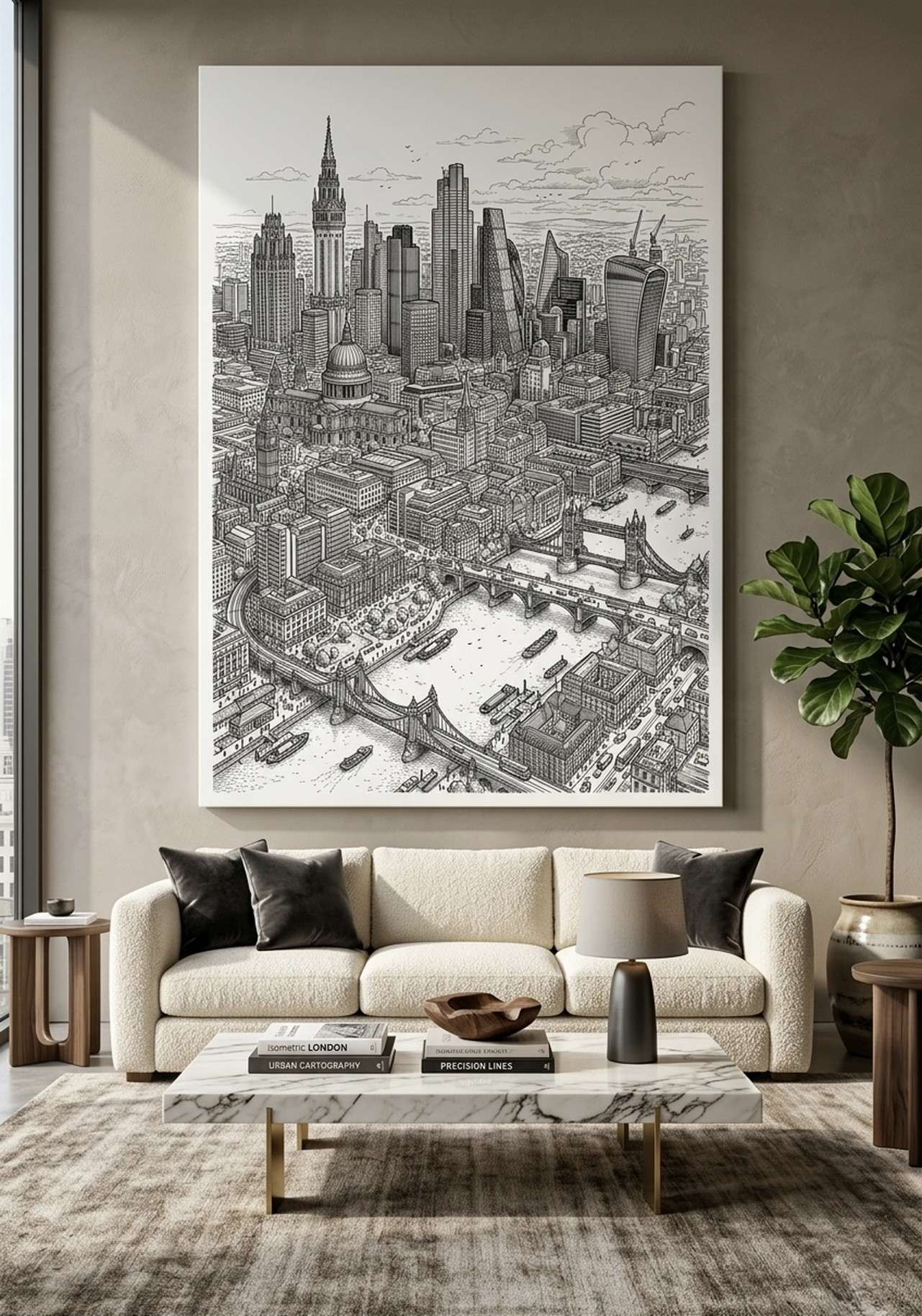 London City Skyline canvas wall art above a fireplace mantel in a modern living room