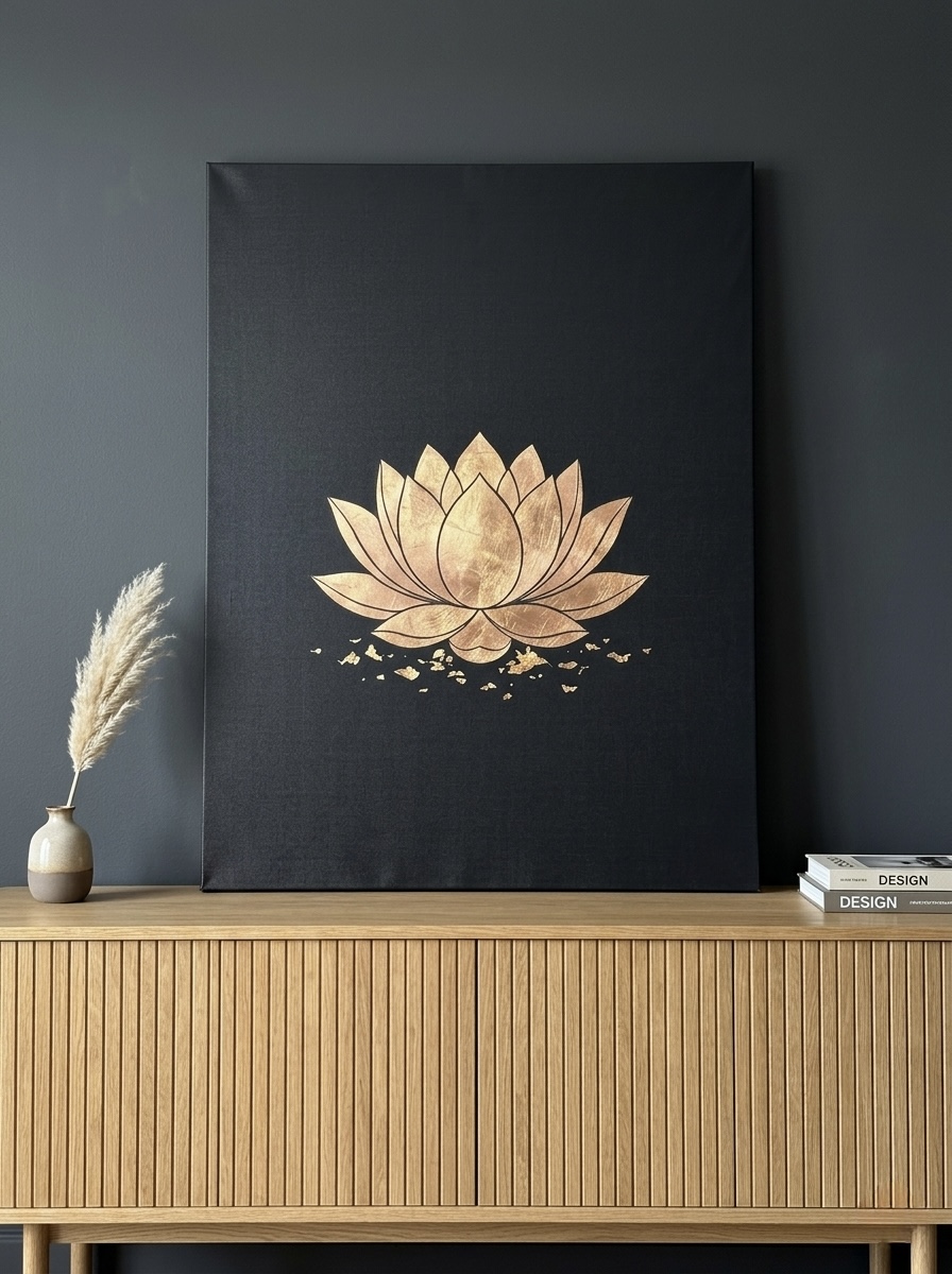Lotus Flower canvas wall art in gold leaf and black, hung in a softly lit meditation corner with a low cushion