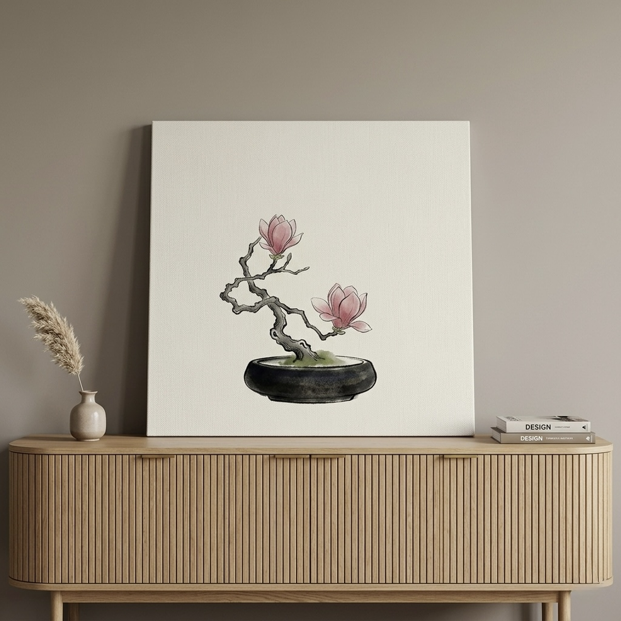 Magnolia bonsai Japanese watercolor canvas with pink magnolia blossoms on a curved branch hung in a zen reading nook with a linen armchair