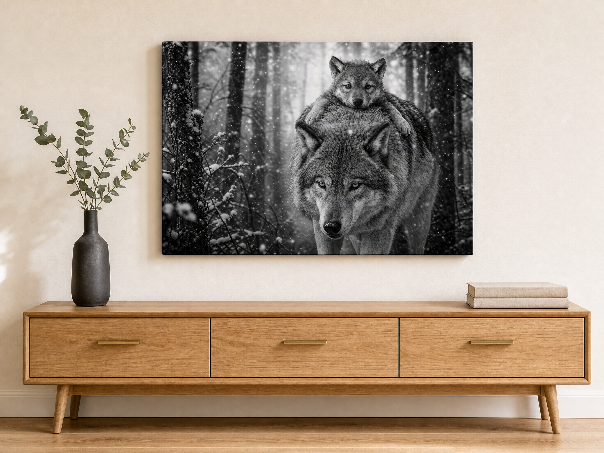 Mama Wolf and Pup black and white photography canvas in snowy forest, hung above a cream linen bed with charcoal sheets and natural wood nightstand