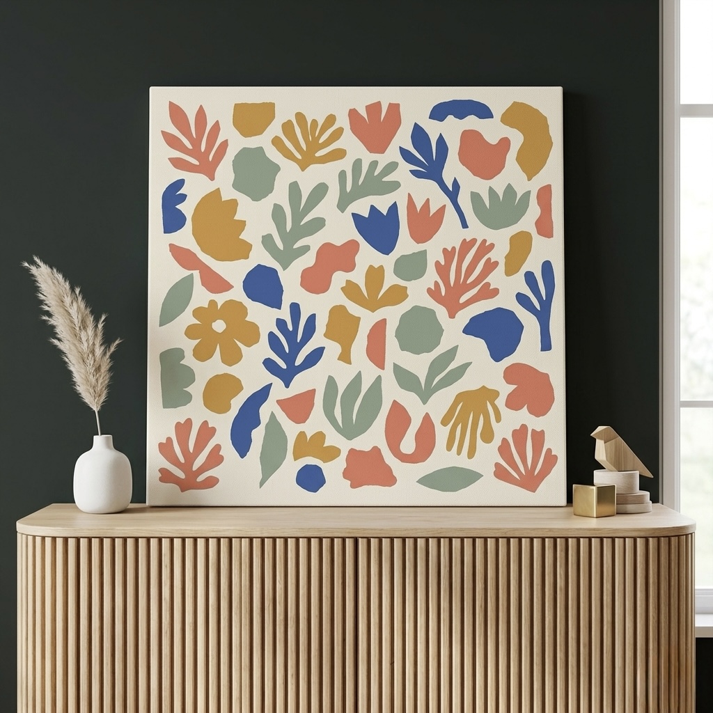Matisse Botanical Cutout canvas in coral, cobalt and gold, hung above a credenza along the longer dining wall, centered on the credenza not the wall, with a low ceramic vase below