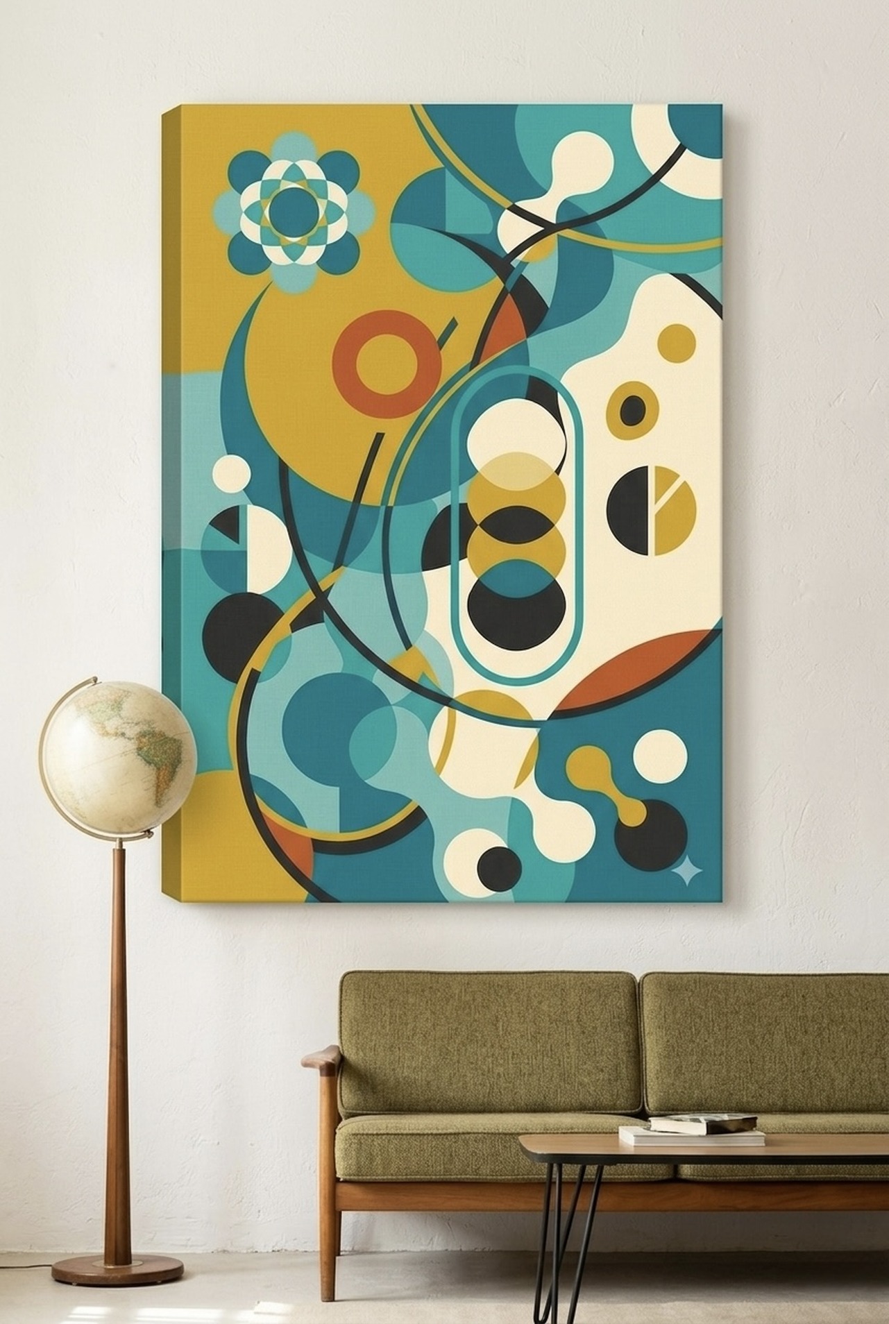 mid-century modern abstract wall art in living room setting