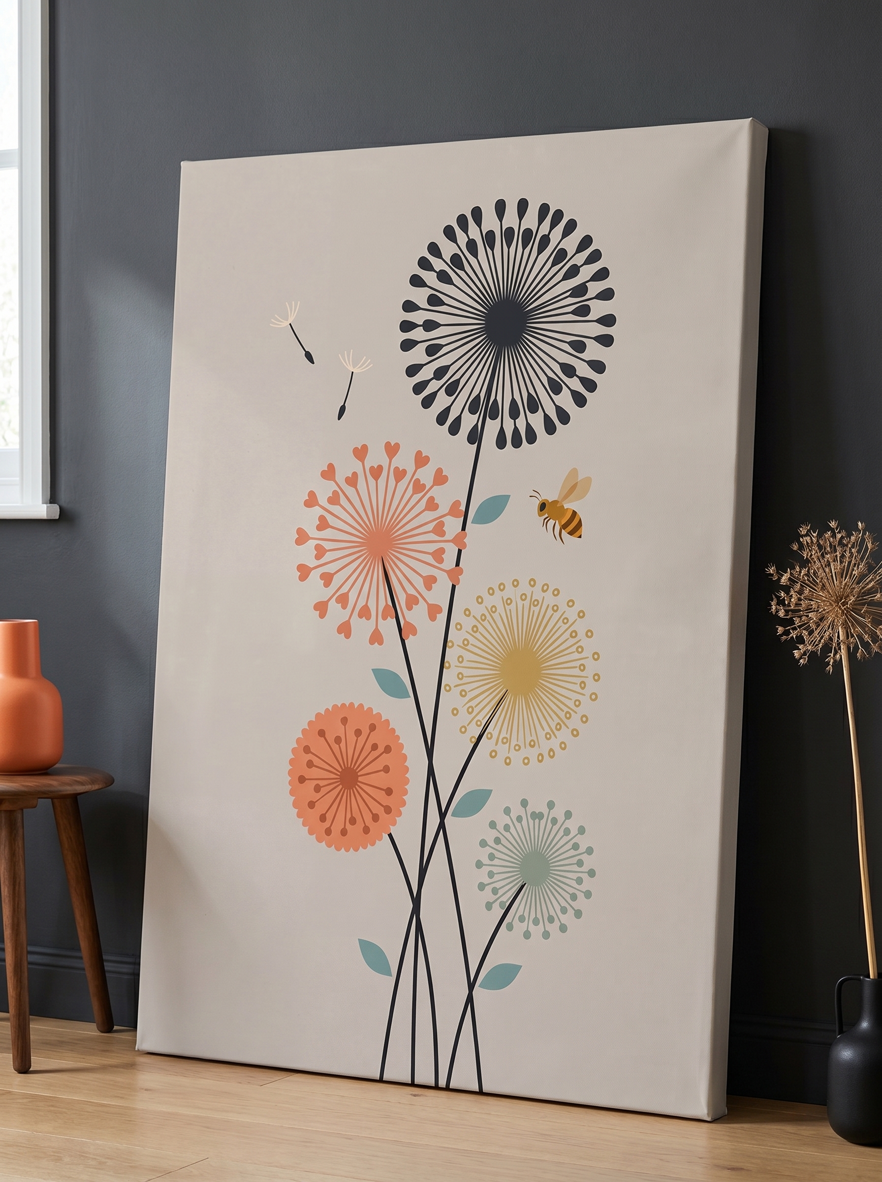 Mid-century modern dandelion canvas with coral, mustard and sage colorblock in a warm retro living room