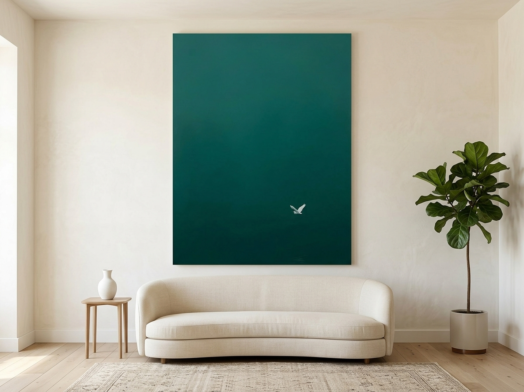 Egret Canvas Wall Art minimalist bird print teal green on gray wall