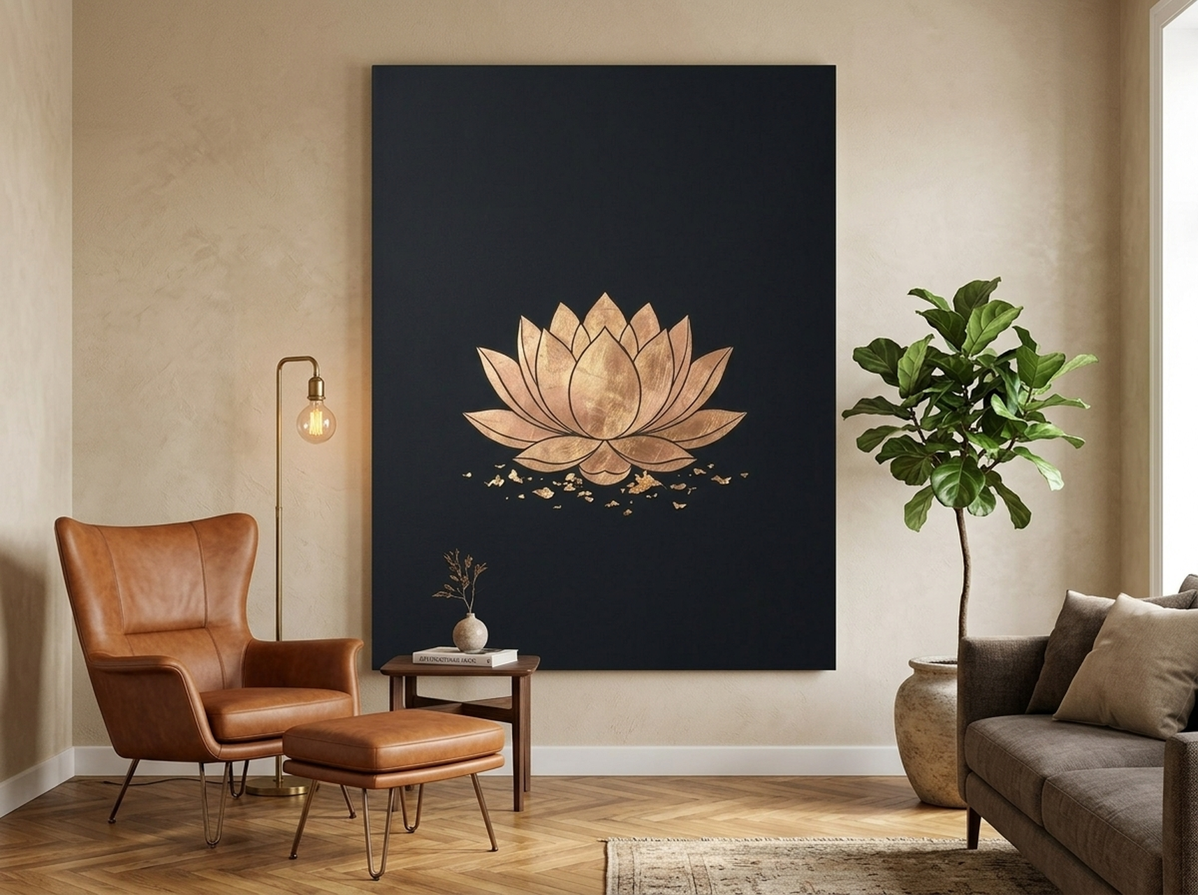 Lotus flower canvas wall art with gold leaf detail on black minimalist background in a zen bedroom