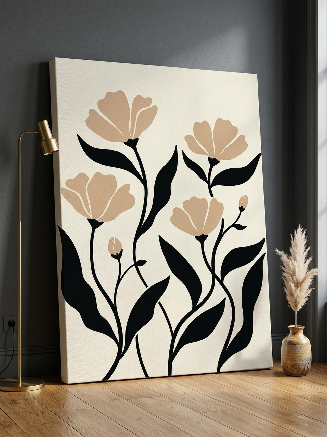 Minimalist botanical flowers black line drawing canvas wall art on a cream background in a styled living room