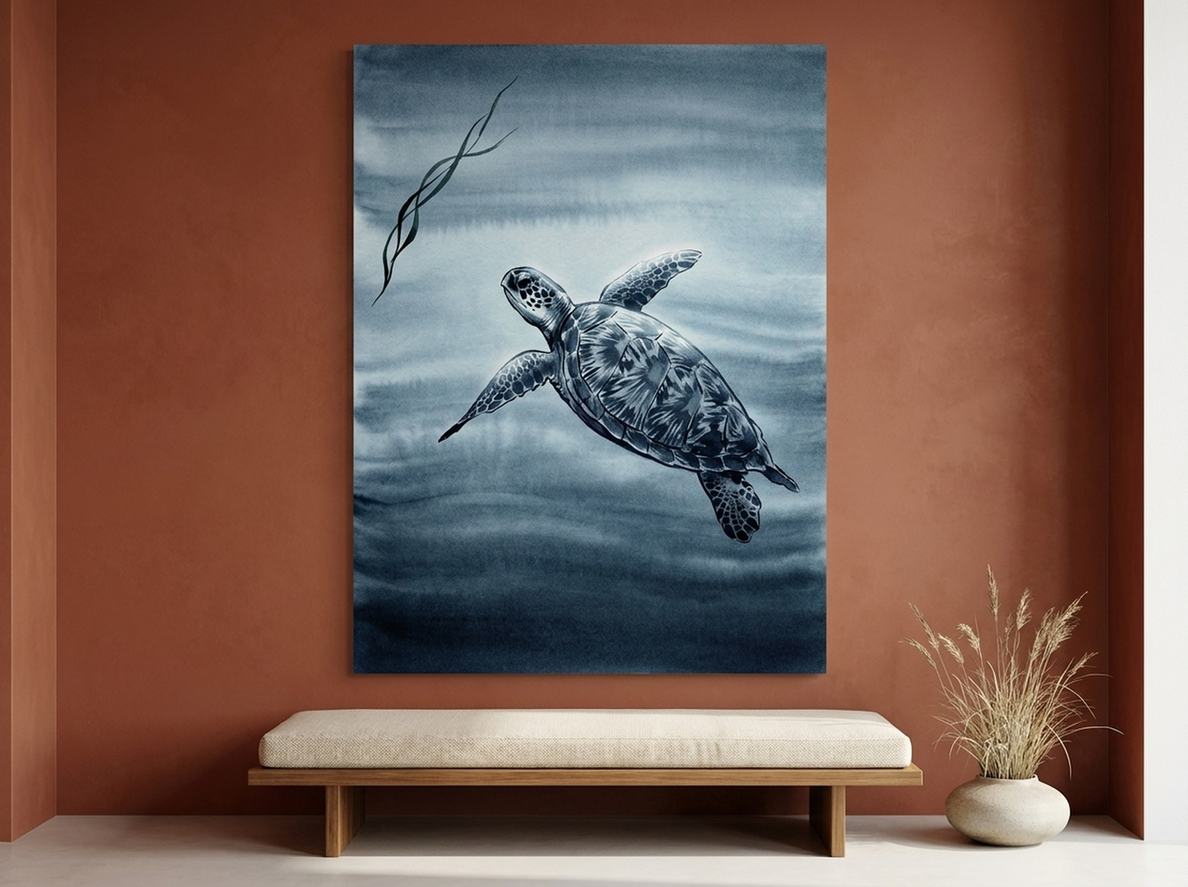 Sea Turtle Canvas Wall Art ocean wildlife minimalist painting displayed on gray wall