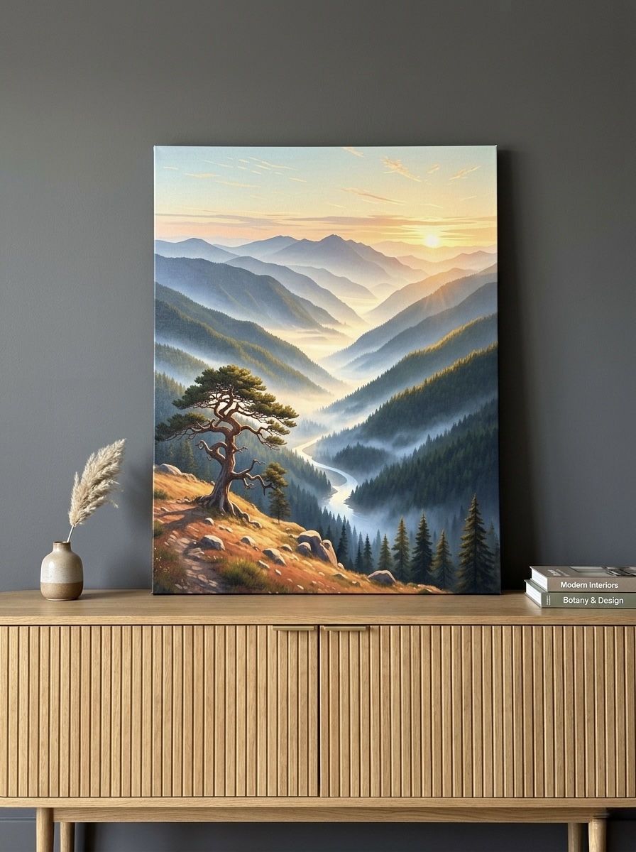Misty Mountain Valley canvas with golden sunrise hanging above a rustic console table in a cabin great room