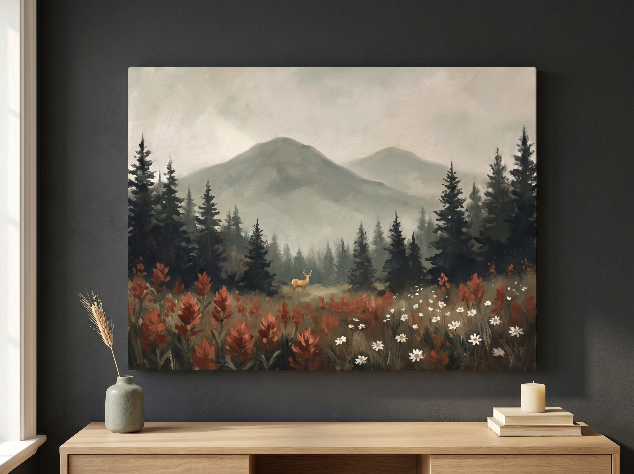 Vintage moody oil canvas of misty mountains and wildflowers above a wood console in a warm den