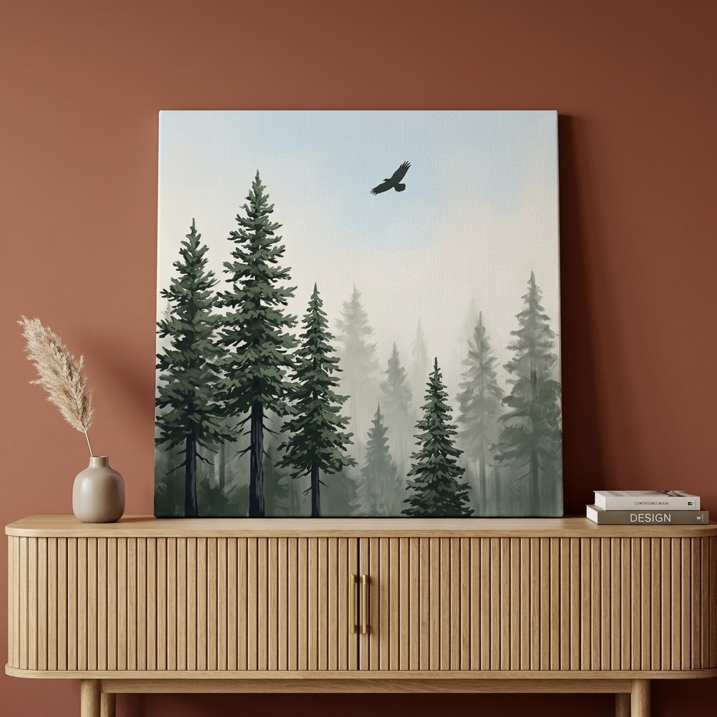 Misty pine forest watercolor canvas with a soaring eagle above the treetops, displayed over a charcoal sofa in a living room with green plants