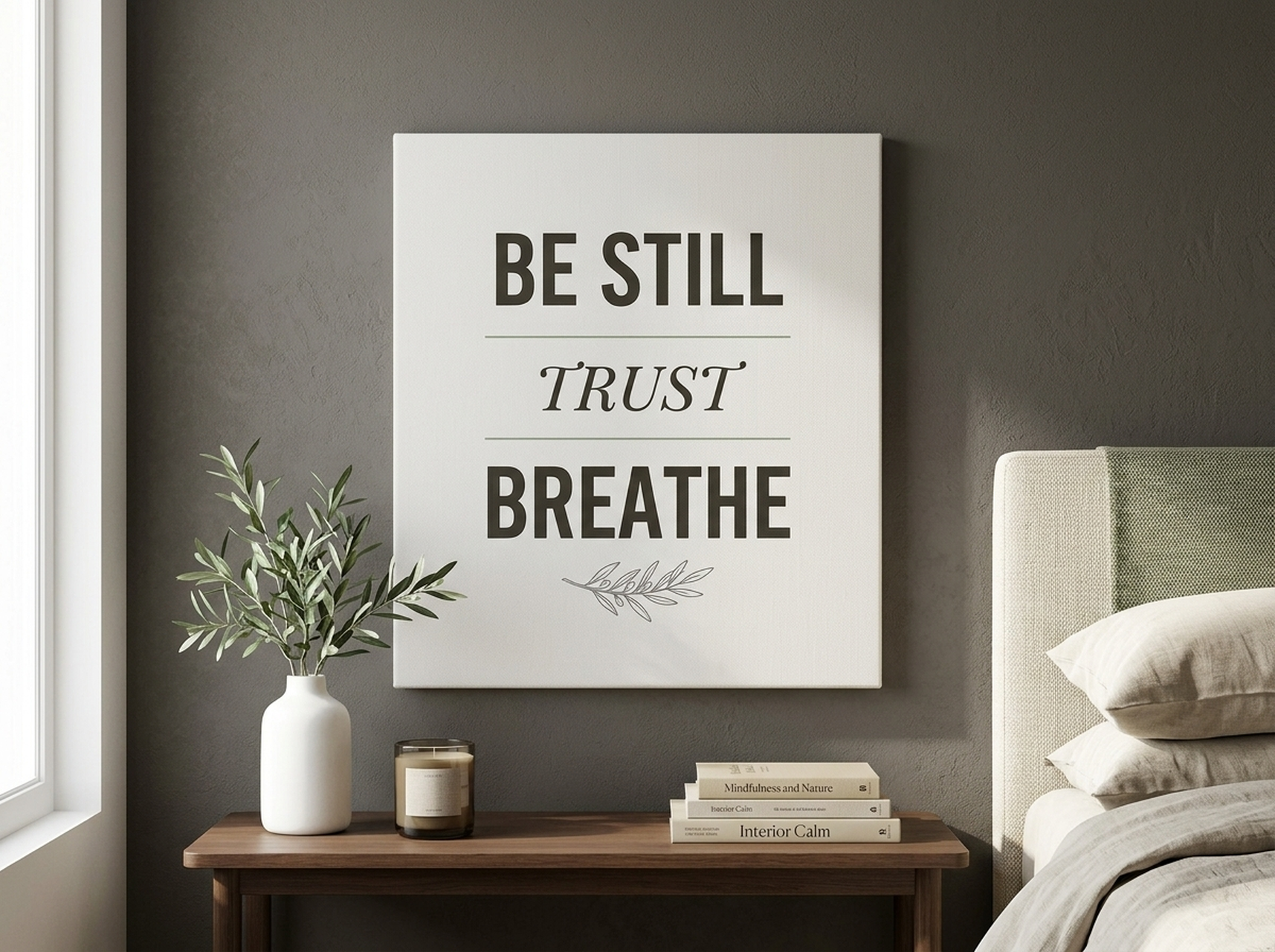 Be Still scripture canvas typography art in linen and sage tones in a bedroom