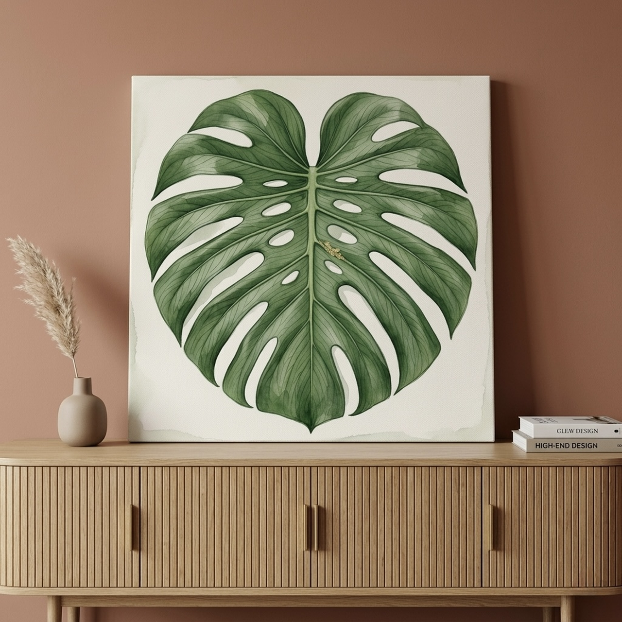 Monstera Leaf Canvas in flat green watercolor on a clean white background, hung in a bright bedroom