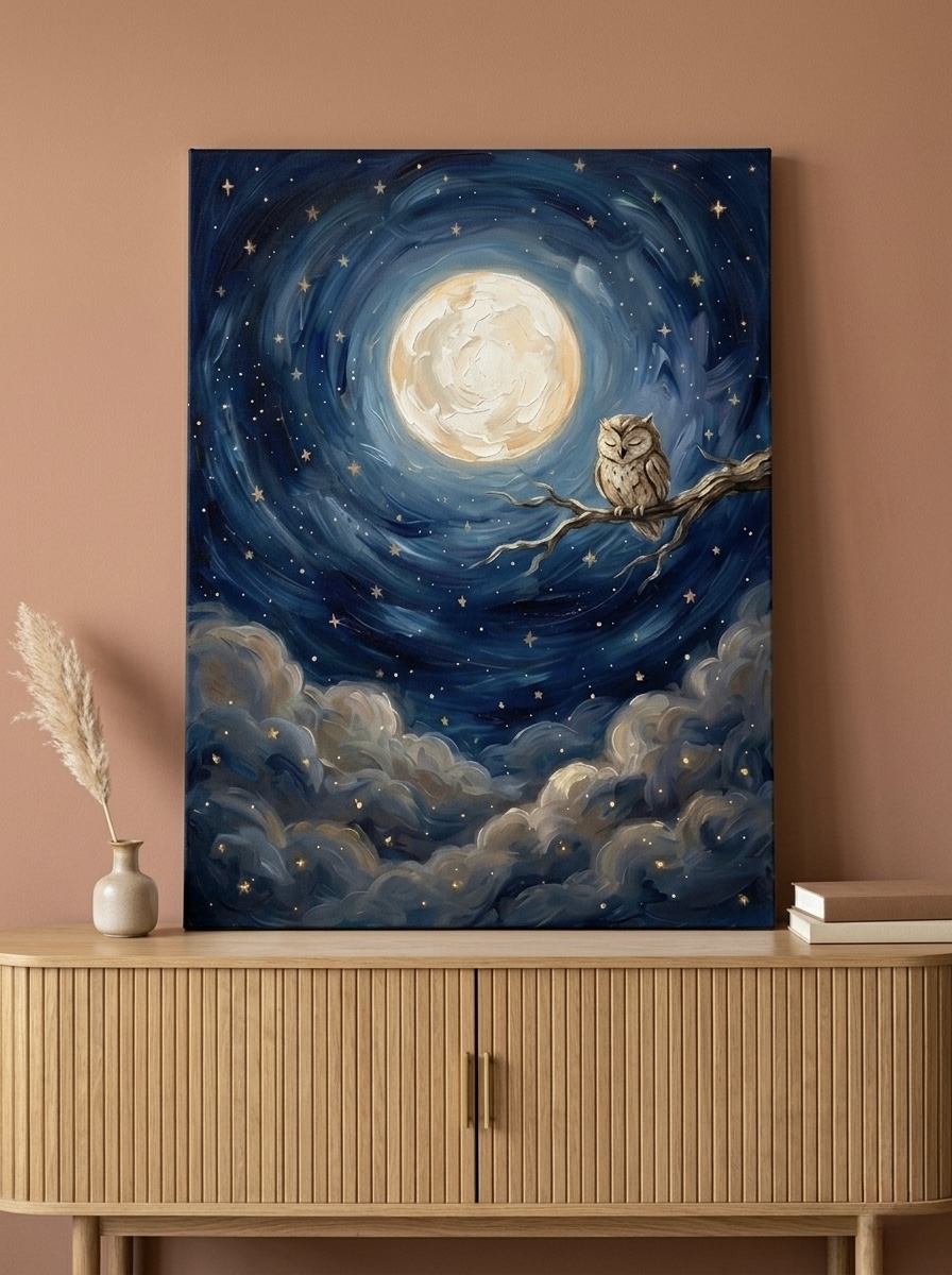 Indigo and gold celestial nursery canvas of an owl perched in front of a full moon, hanging above a white crib in a baby's room