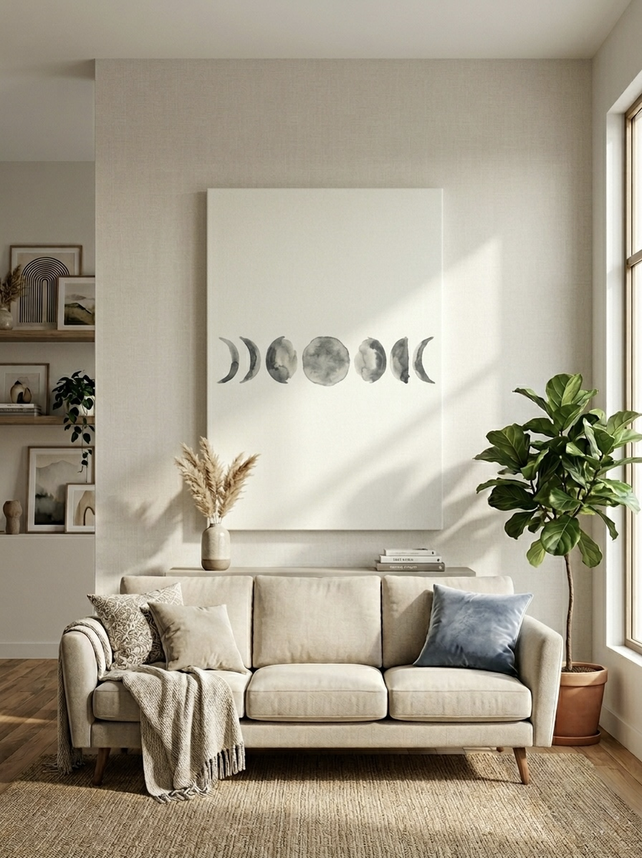 Moon phases watercolor canvas wall art with soft neutral tones for a gender-neutral nursery