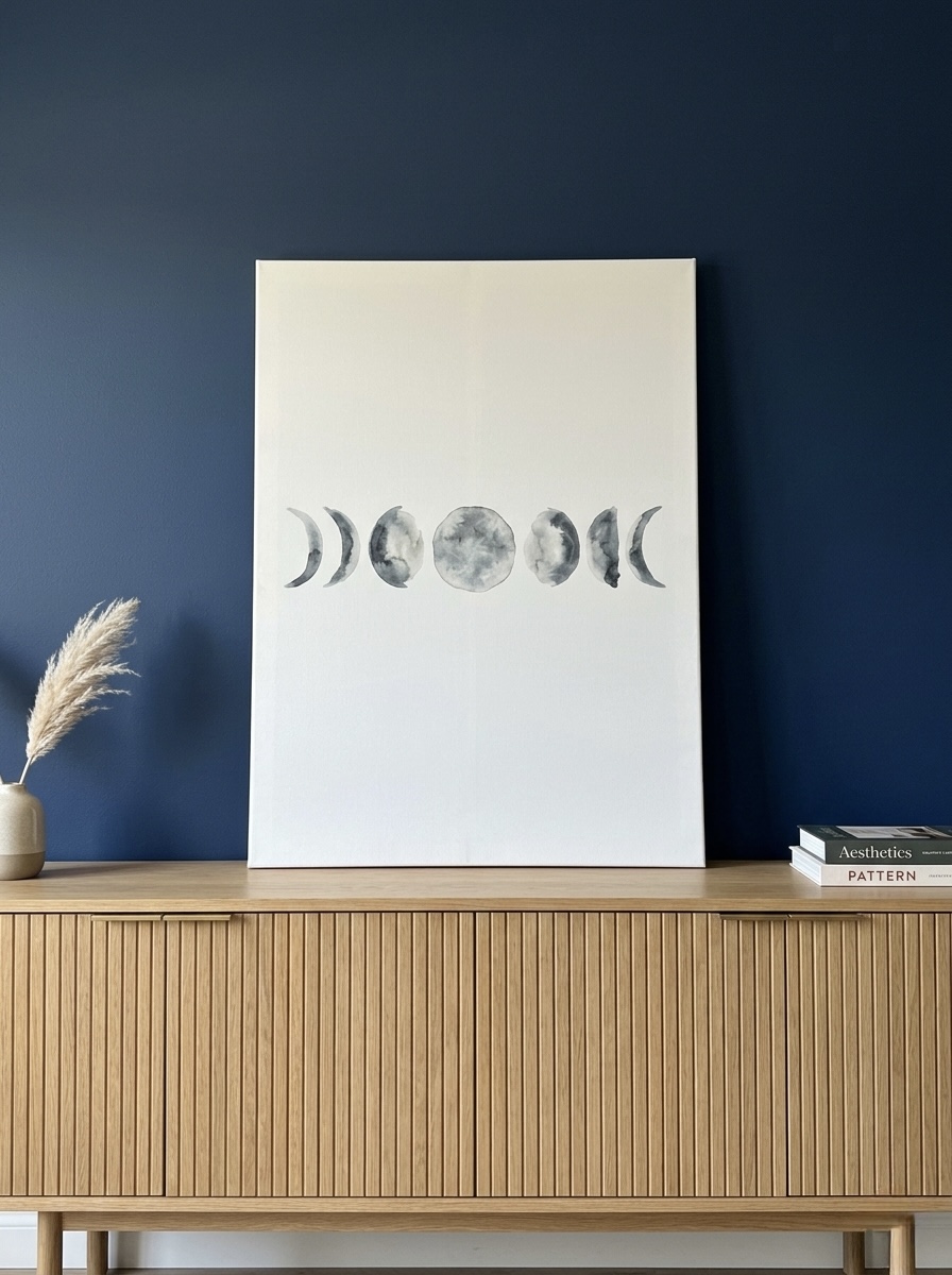 Moon Phases Watercolor celestial canvas wall art in soft gray, charcoal, and cream styled in a romantic bedroom
