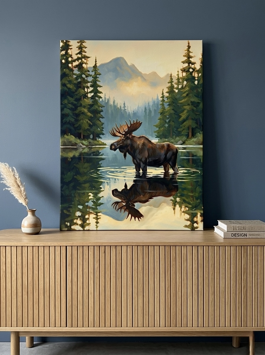 Moose canvas wall art with mountain lake reflection styled above a leather lodge sofa with green throw